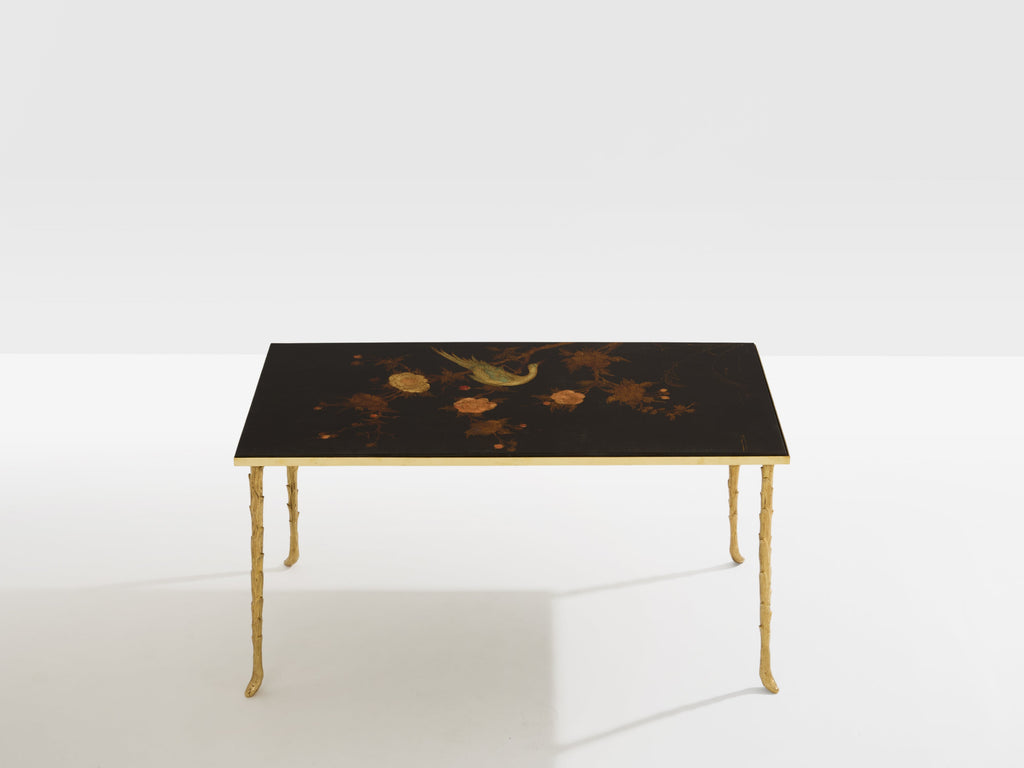 Maison Baguès bamboo brass chinese lacquered small coffee table 1950s