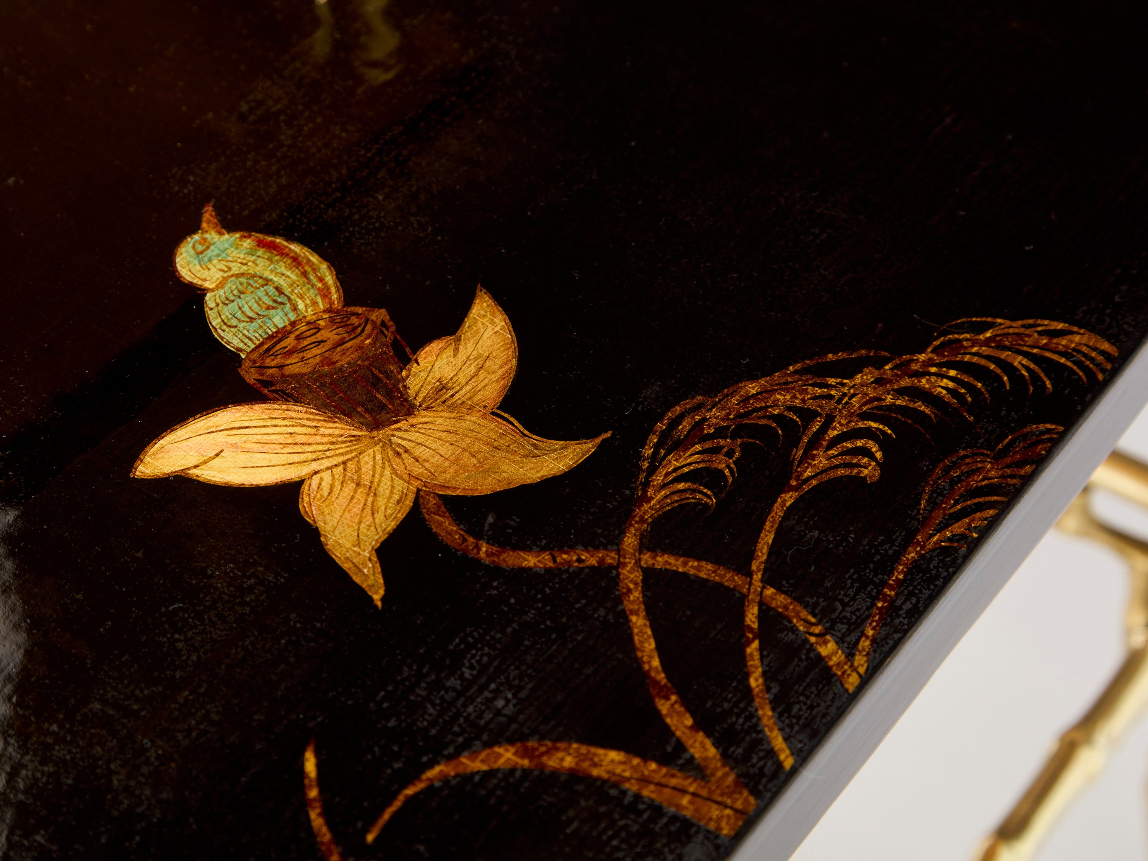Maison Baguès bamboo bronze chinoiserie lacquered end tables 1940s