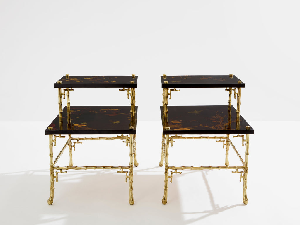 Maison Baguès bamboo bronze chinoiserie lacquered end tables 1940s