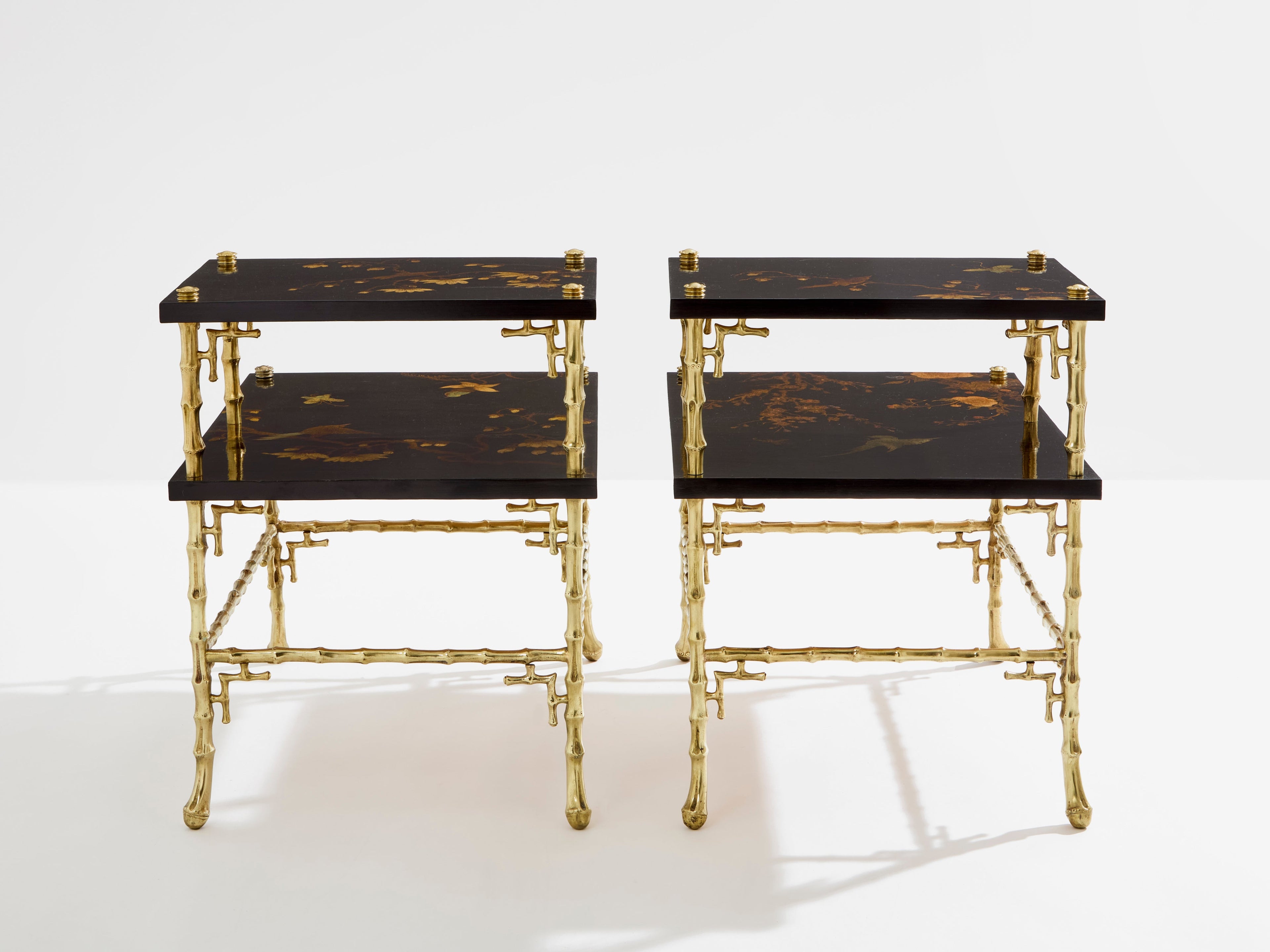 Maison Baguès bamboo bronze chinoiserie lacquered end tables 1940s