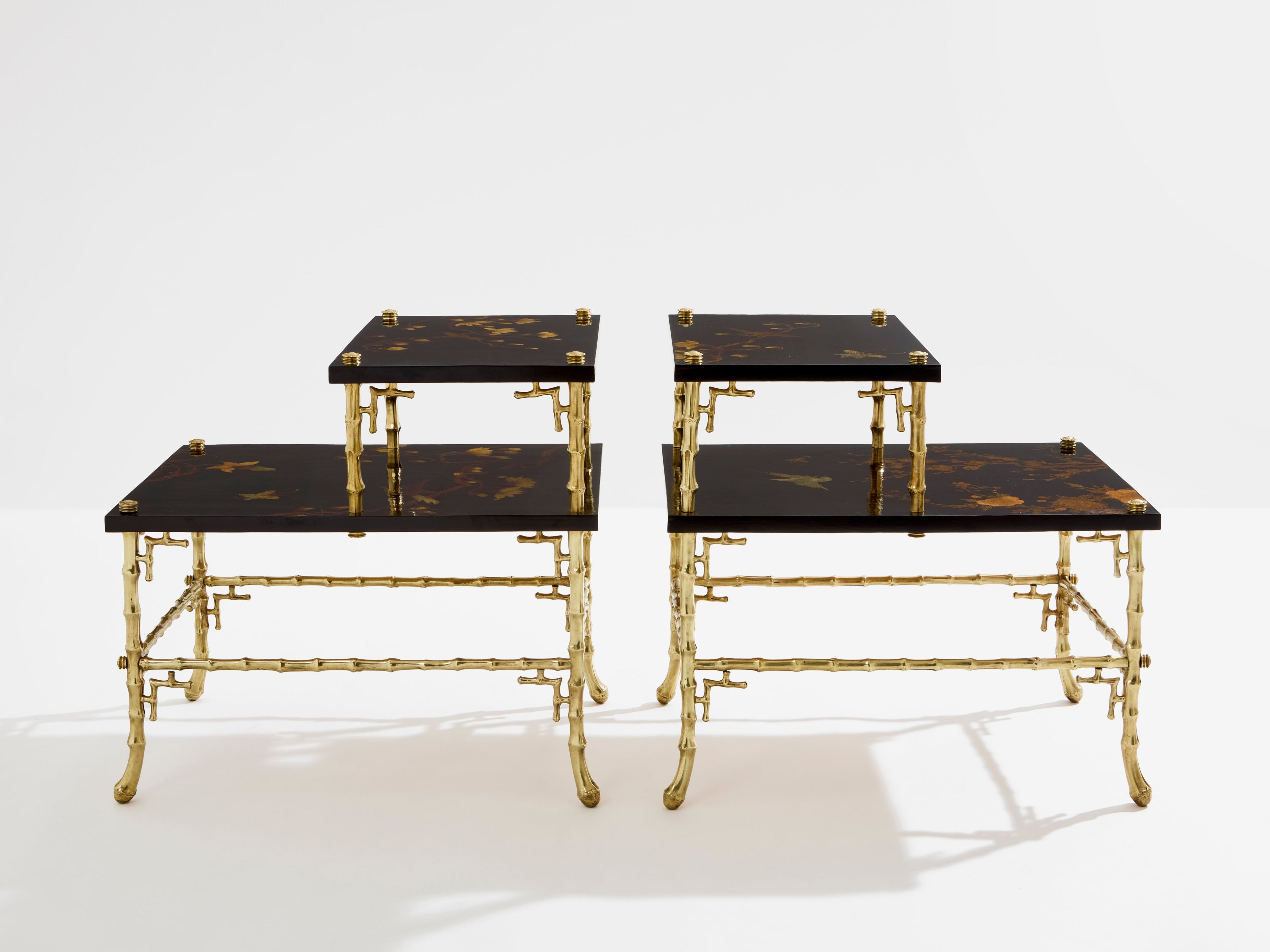Maison Baguès bamboo bronze chinoiserie lacquered end tables 1940s