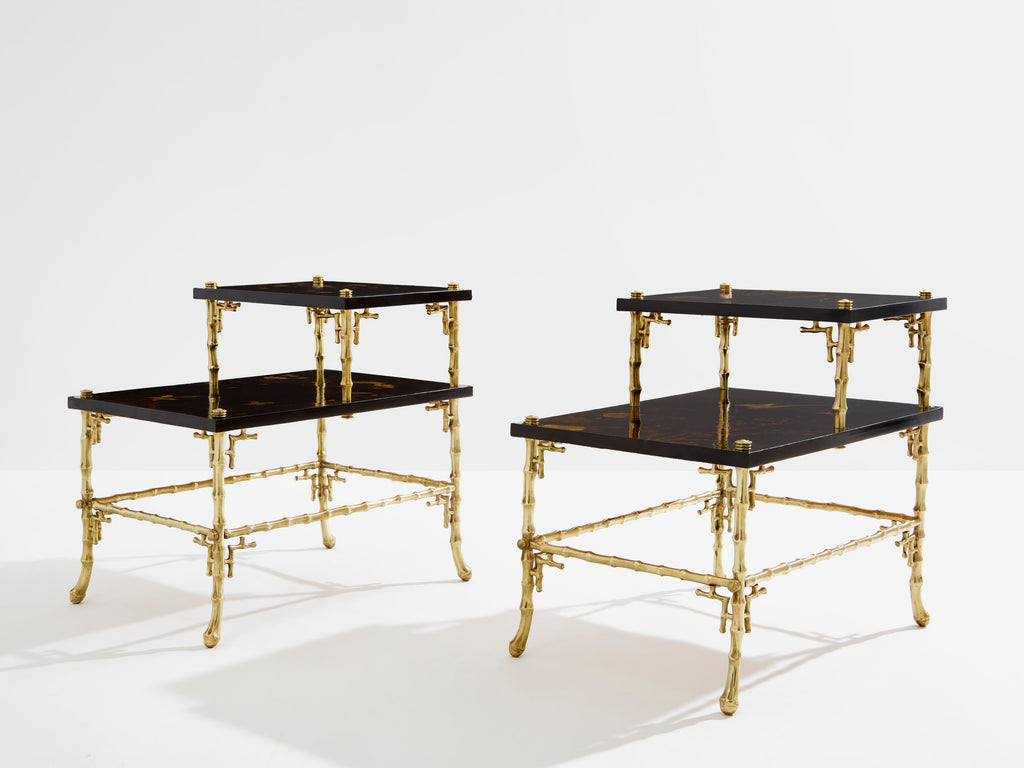 Maison Baguès bamboo bronze chinoiserie lacquered end tables 1940s