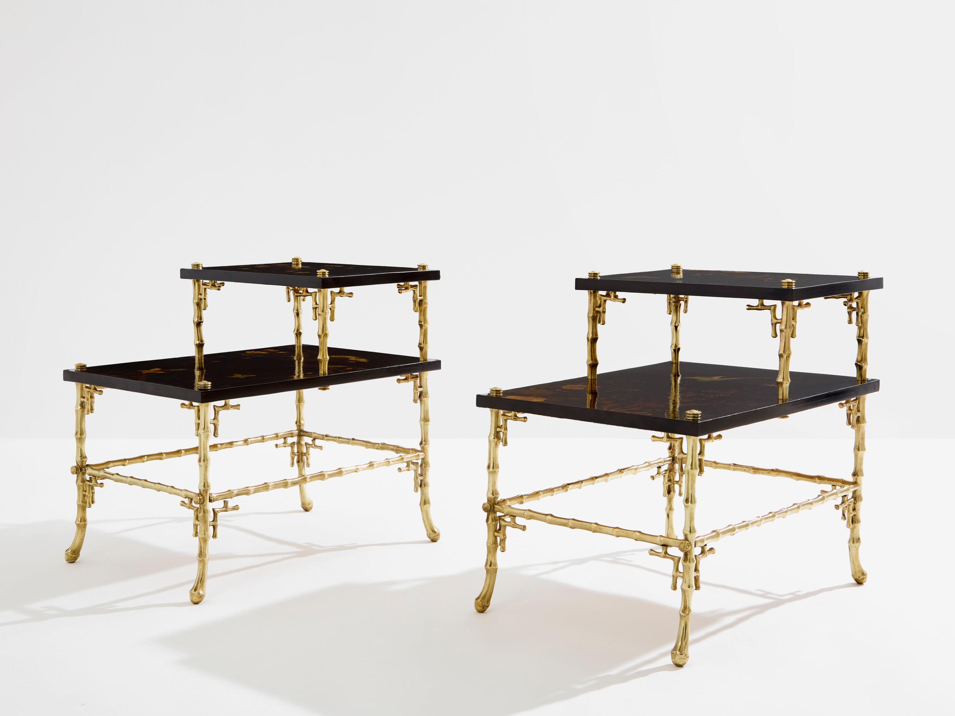 Maison Baguès bamboo bronze chinoiserie lacquered end tables 1940s