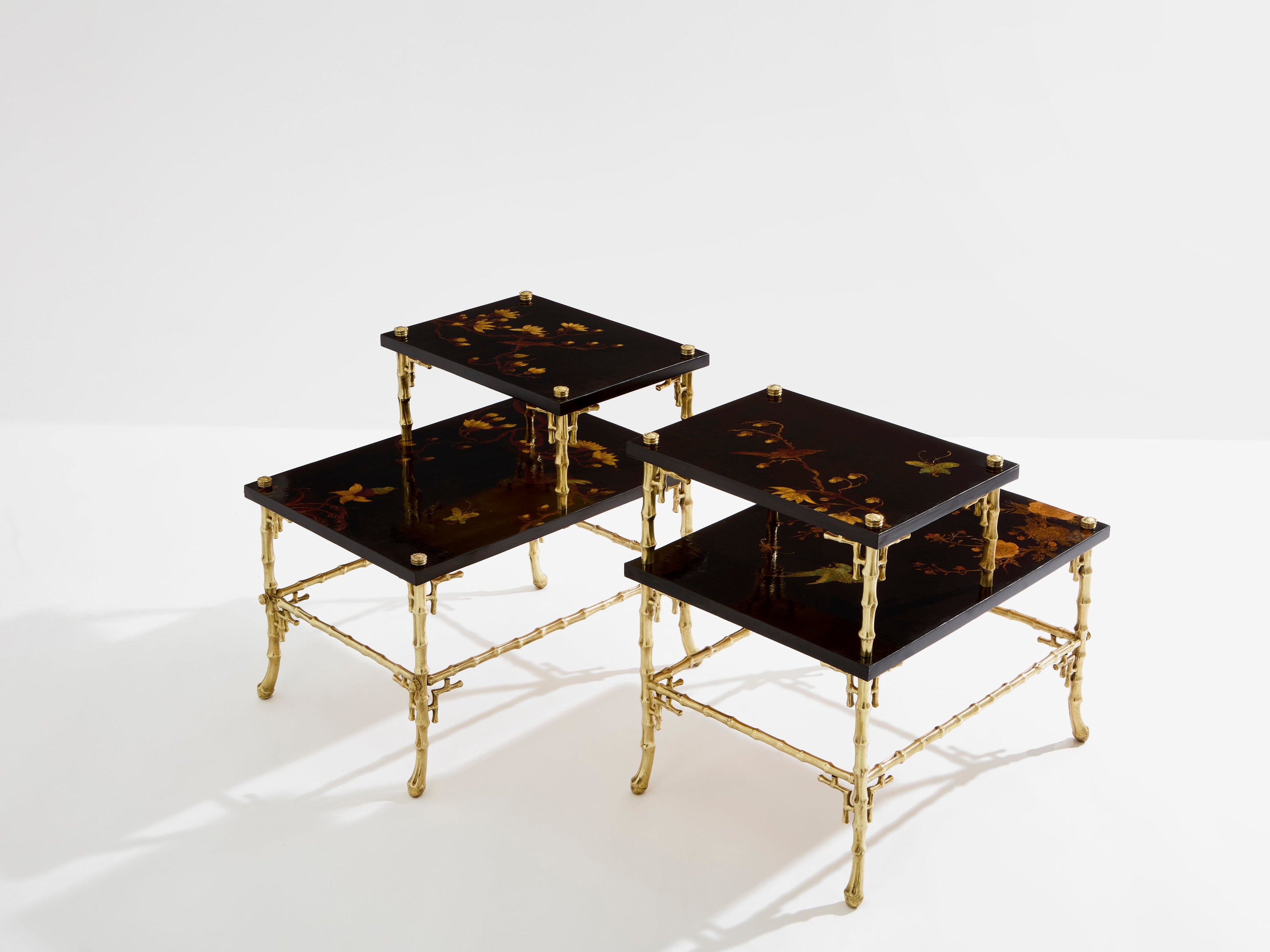 Maison Baguès bamboo bronze chinoiserie lacquered end tables 1940s