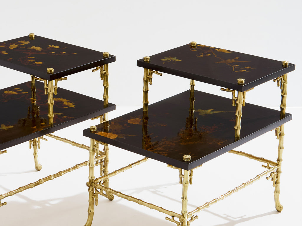 Maison Baguès bamboo bronze chinoiserie lacquered end tables 1940s