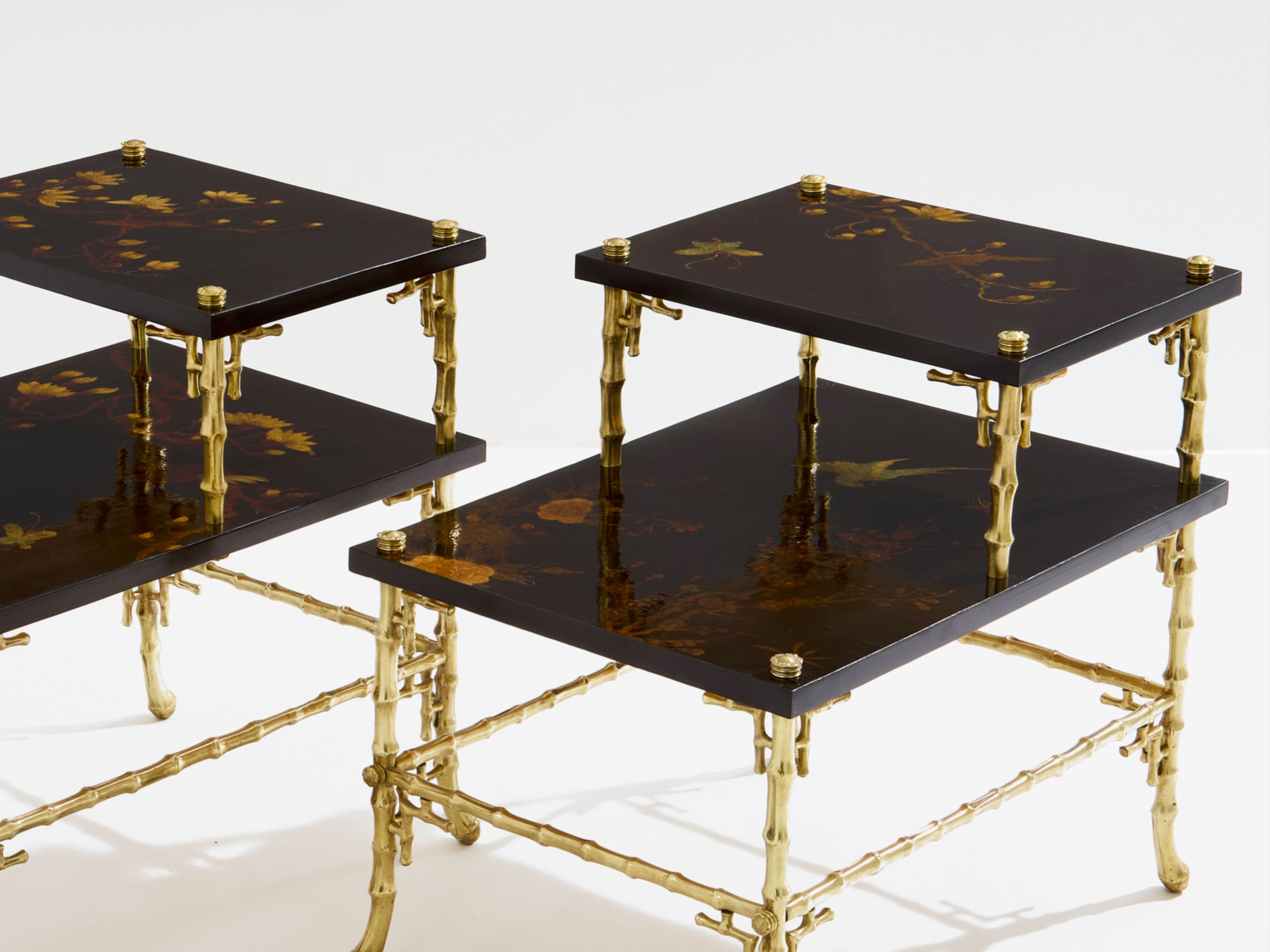 Maison Baguès bamboo bronze chinoiserie lacquered end tables 1940s