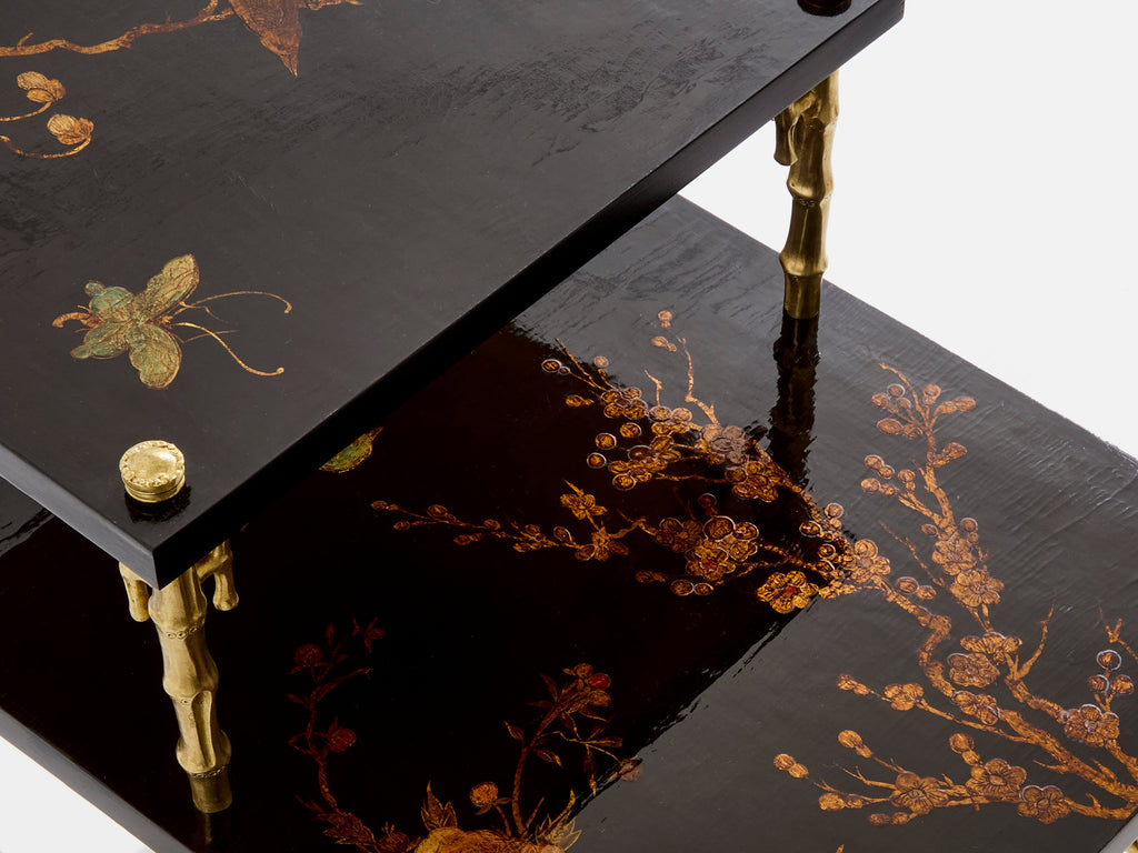Maison Baguès bamboo bronze chinoiserie lacquered end tables 1940s
