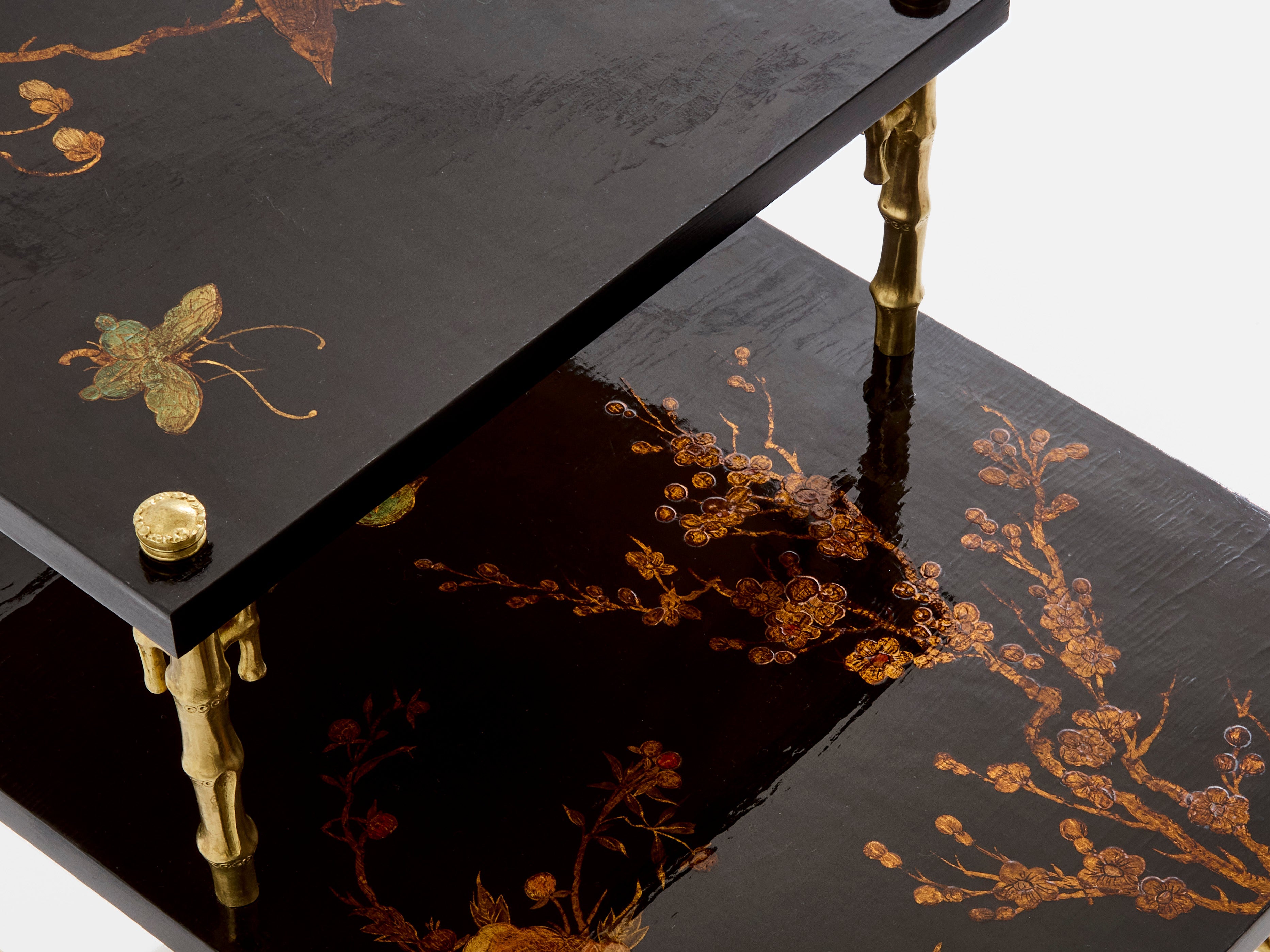 Maison Baguès bamboo bronze chinoiserie lacquered end tables 1940s
