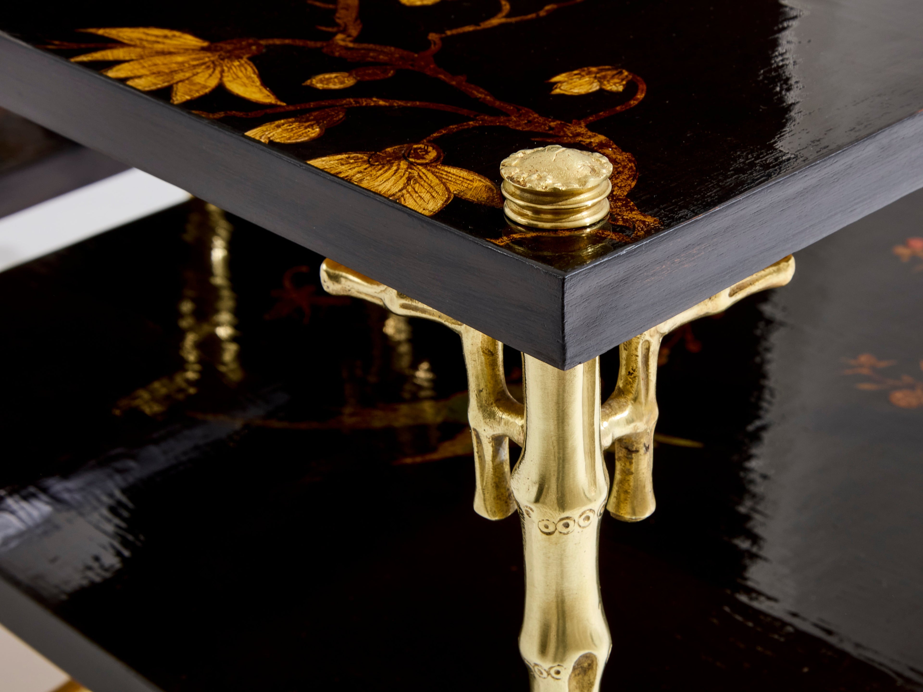 Maison Baguès bamboo bronze chinoiserie lacquered end tables 1940s