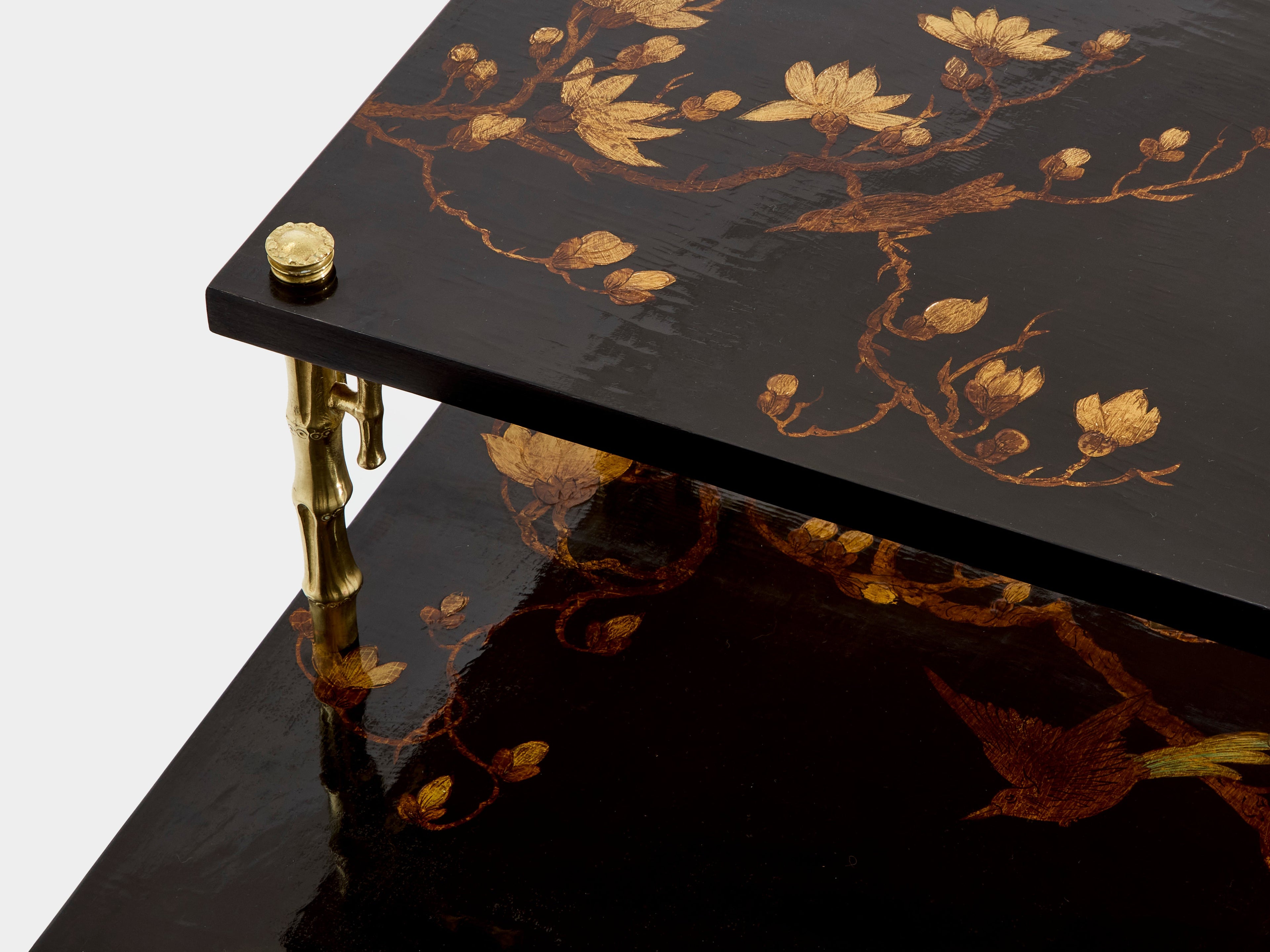 Maison Baguès bamboo bronze chinoiserie lacquered end tables 1940s