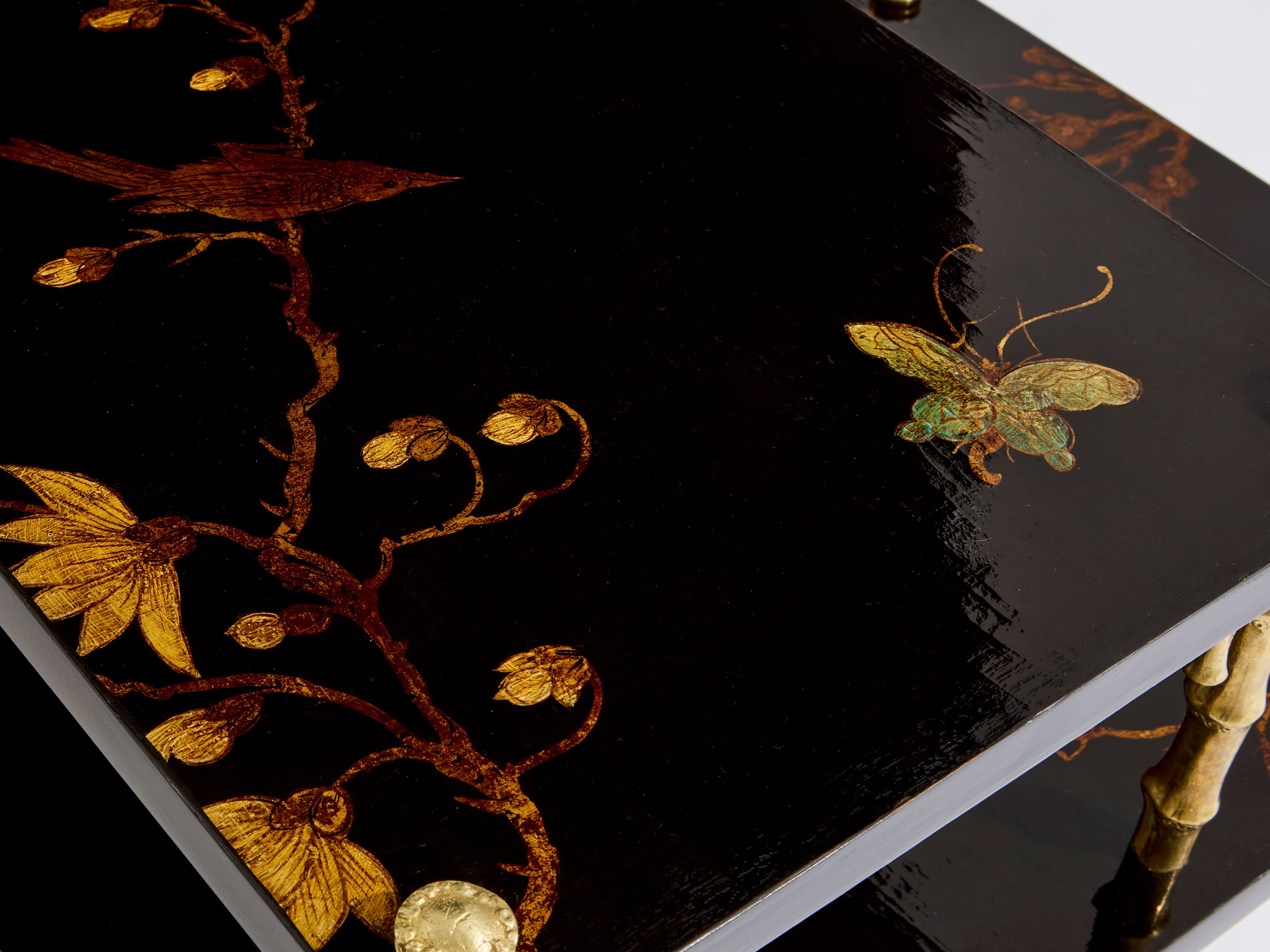 Maison Baguès bamboo bronze chinoiserie lacquered end tables 1940s