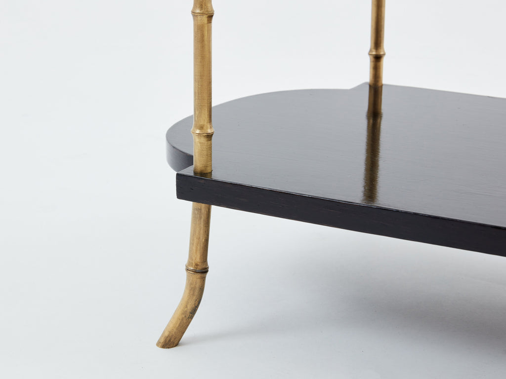 Maison Baguès bronze bamboo wood marquetry side tables 1940s