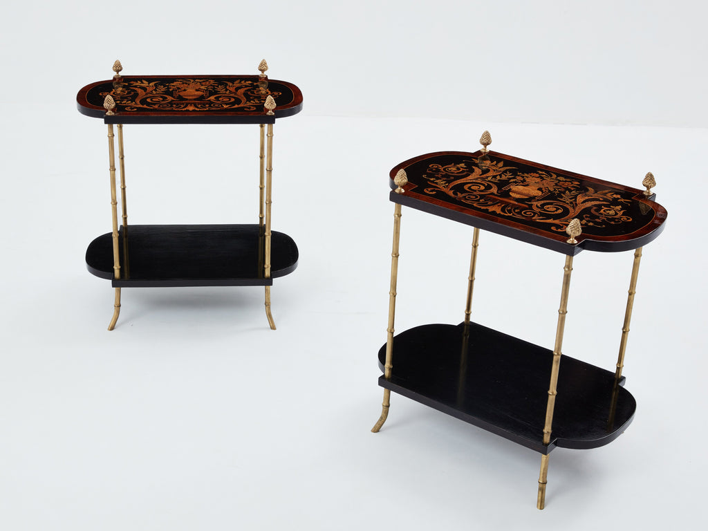 Maison Baguès bronze bamboo wood marquetry side tables 1940s