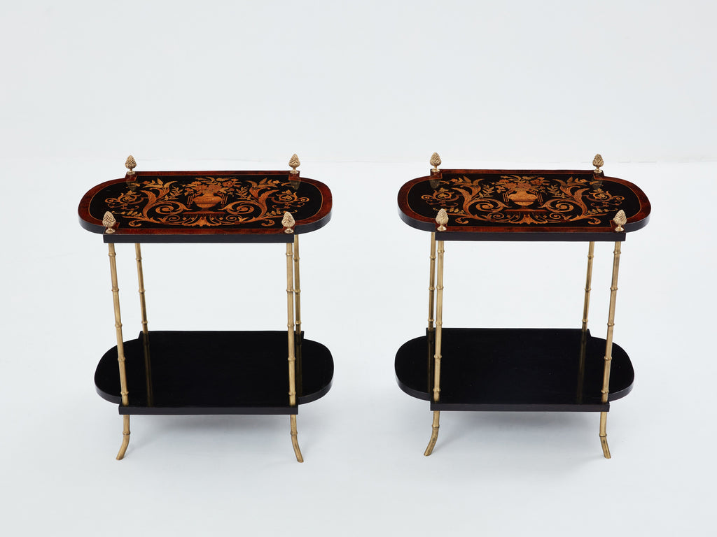 Maison Baguès bronze bamboo wood marquetry side tables 1940s