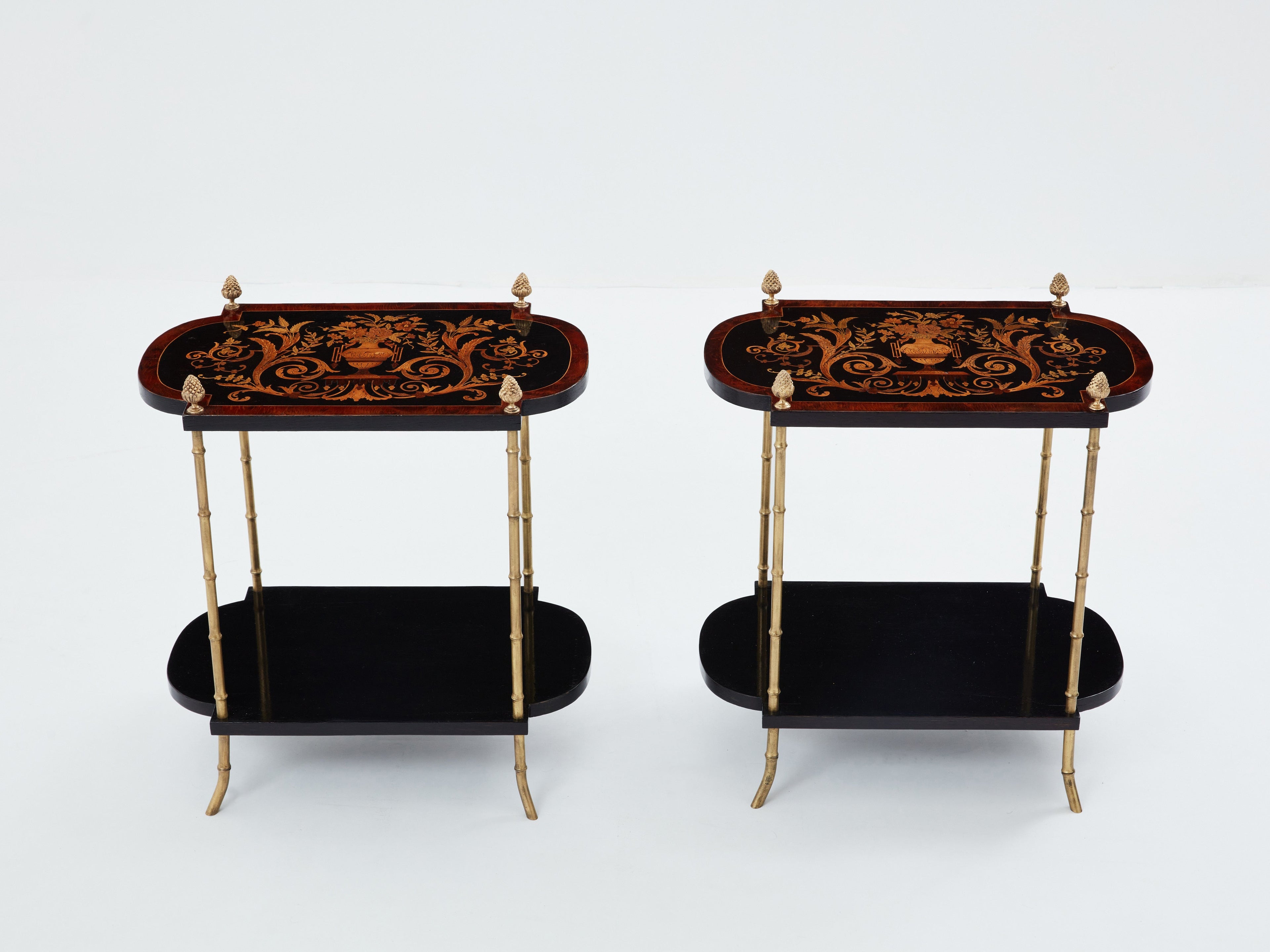 Maison Baguès bronze bamboo wood marquetry side tables 1940s