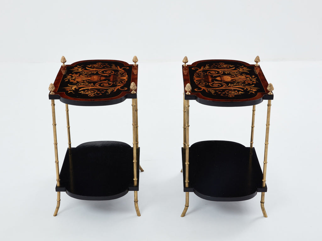 Maison Baguès bronze bamboo wood marquetry side tables 1940s
