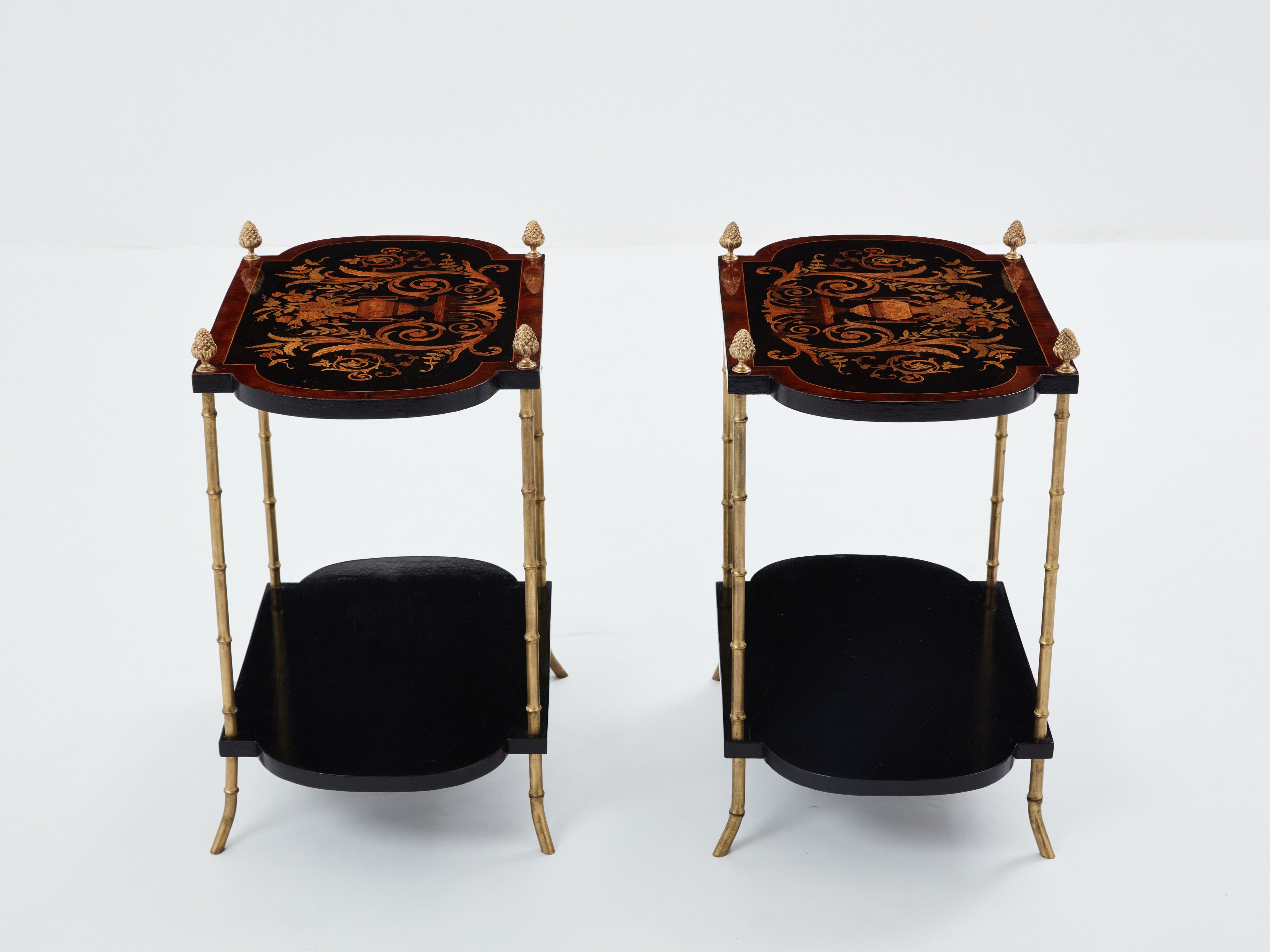 Maison Baguès bronze bamboo wood marquetry side tables 1940s