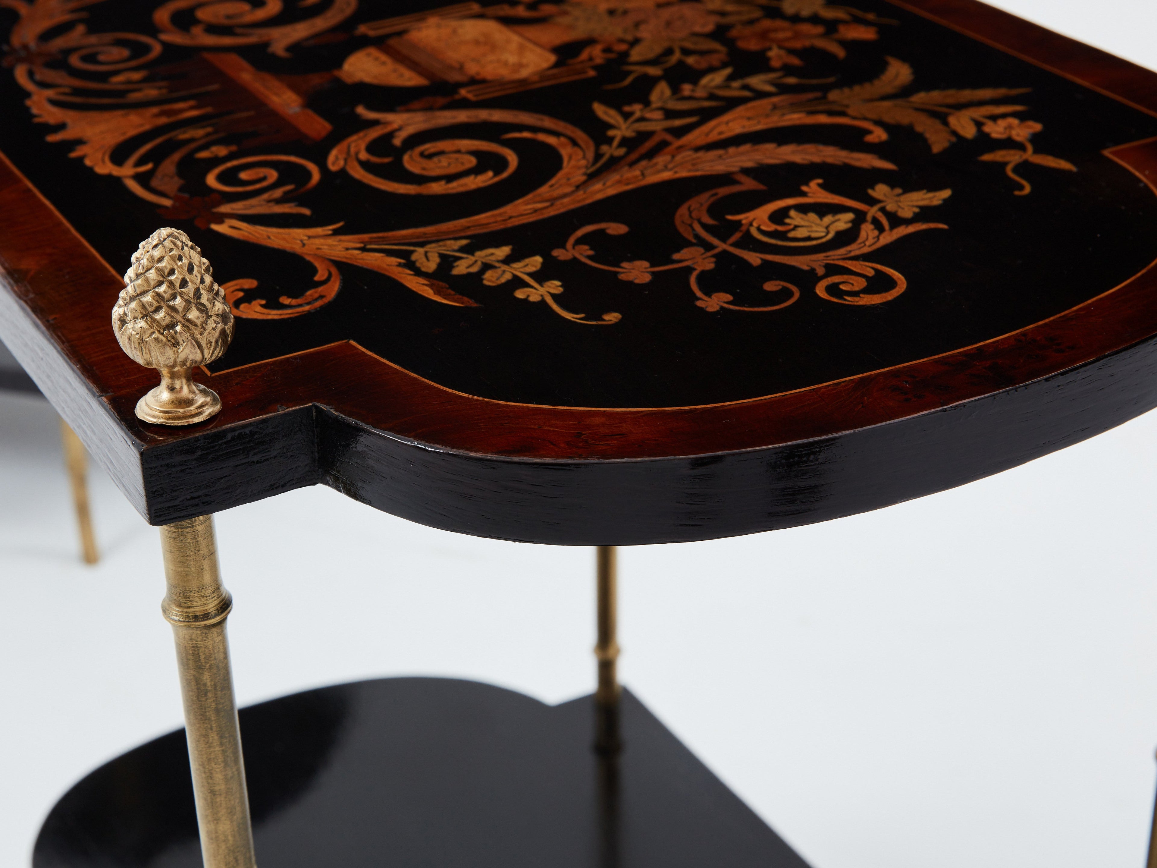 Maison Baguès bronze bamboo wood marquetry side tables 1940s