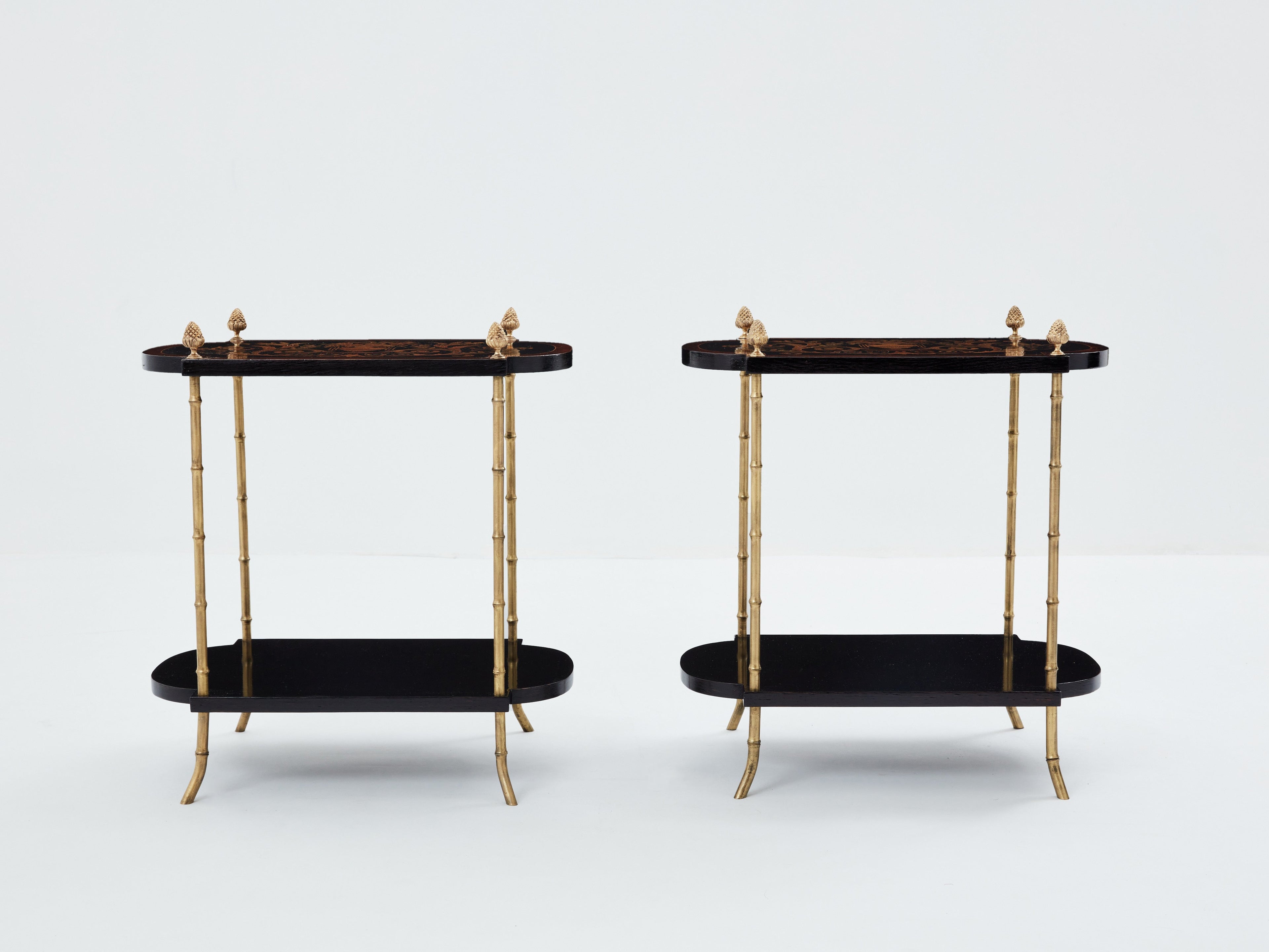 Maison Baguès bronze bamboo wood marquetry side tables 1940s