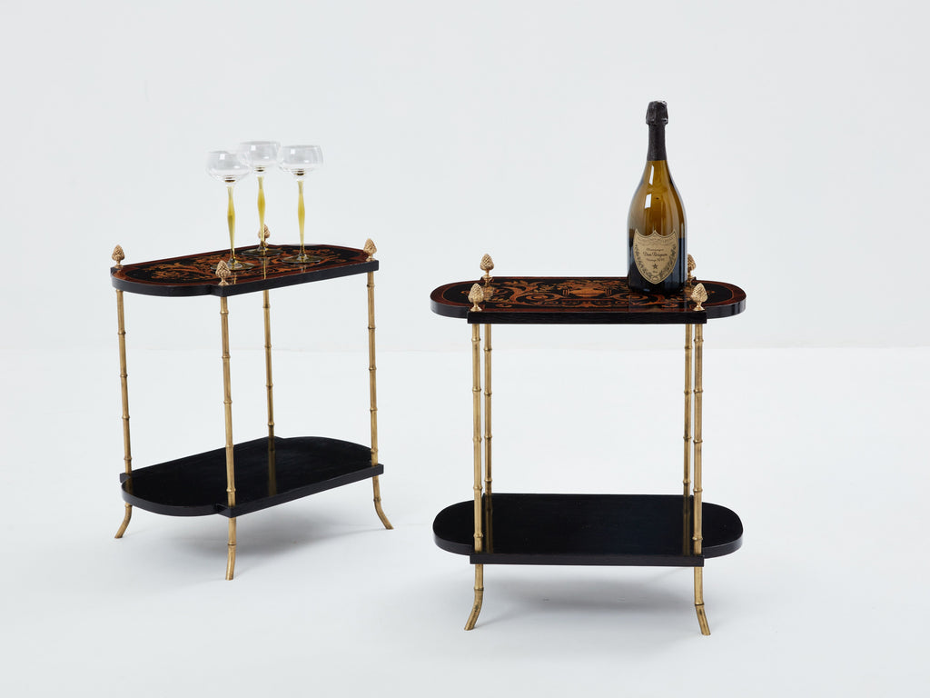 Maison Baguès bronze bamboo wood marquetry side tables 1940s