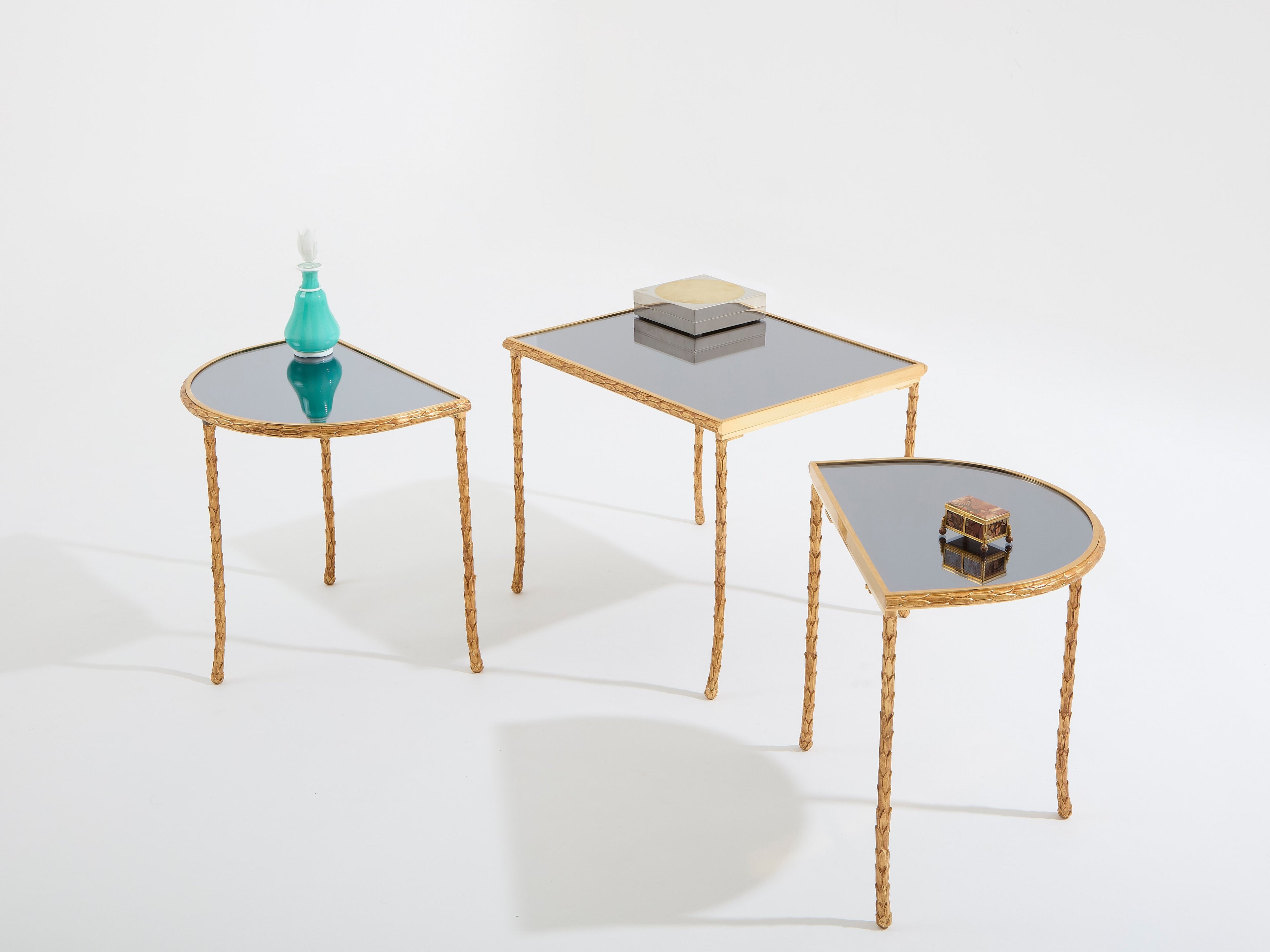 Maison Baguès foliage gilt bronze and mirror tables 1950s
