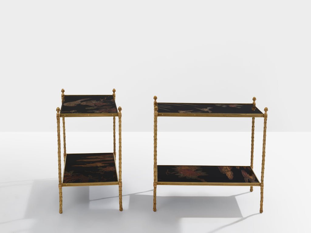 Maison Baguès foliage gilt bronze chinoiserie lacquered end tables 1940s