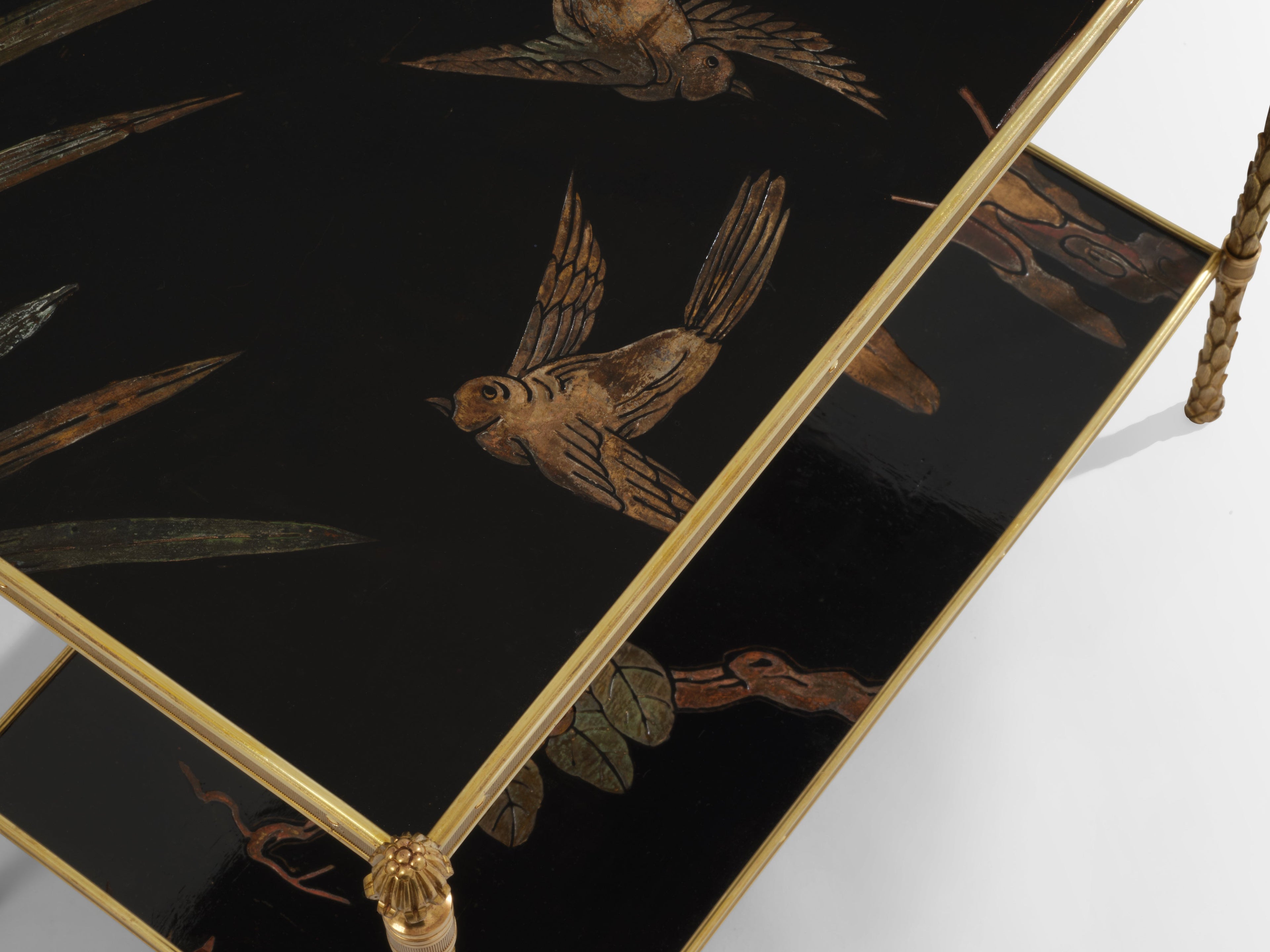 Maison Baguès foliage gilt bronze chinoiserie lacquered end tables 1940s