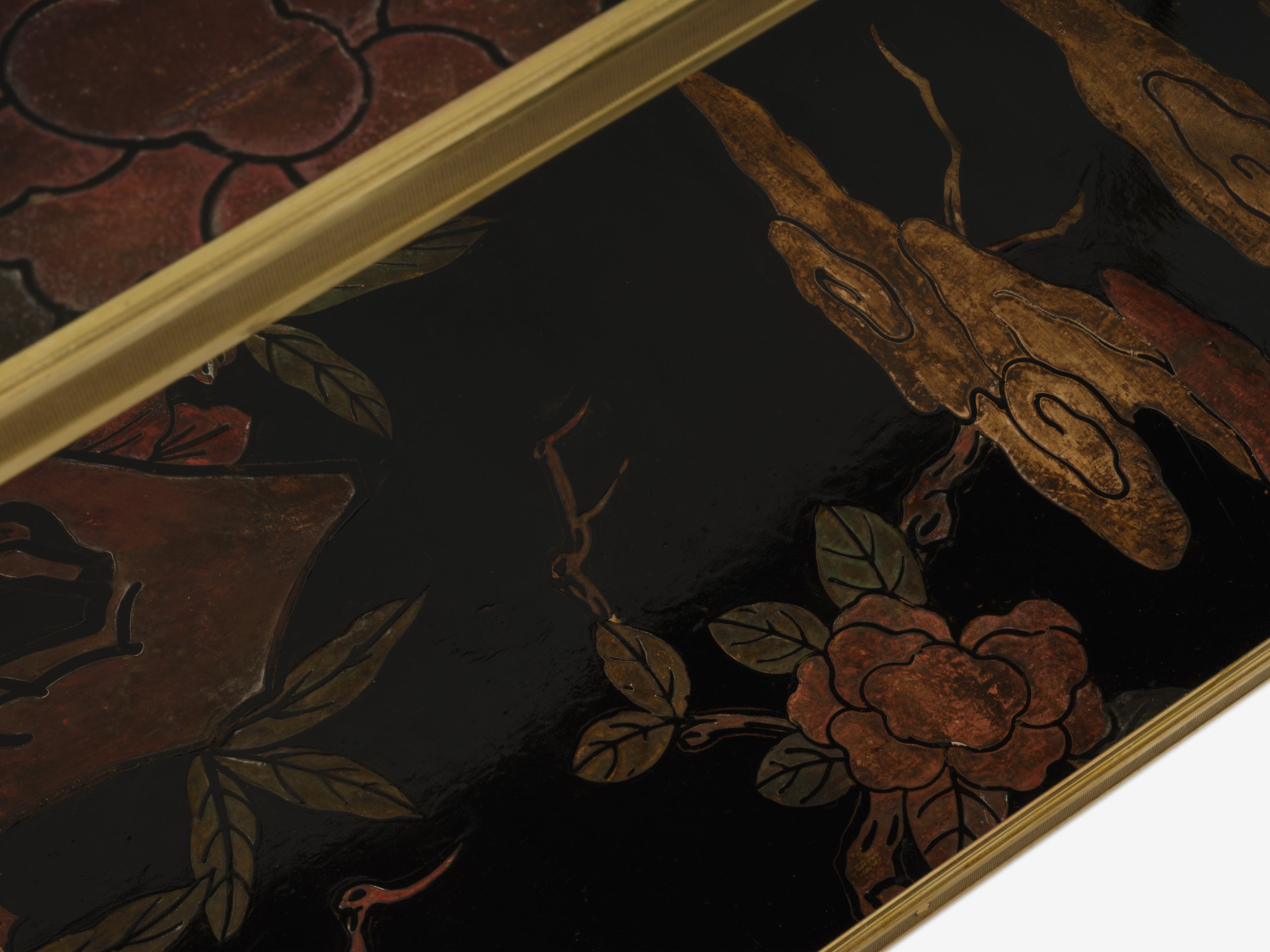 Maison Baguès foliage gilt bronze chinoiserie lacquered end tables 1940s