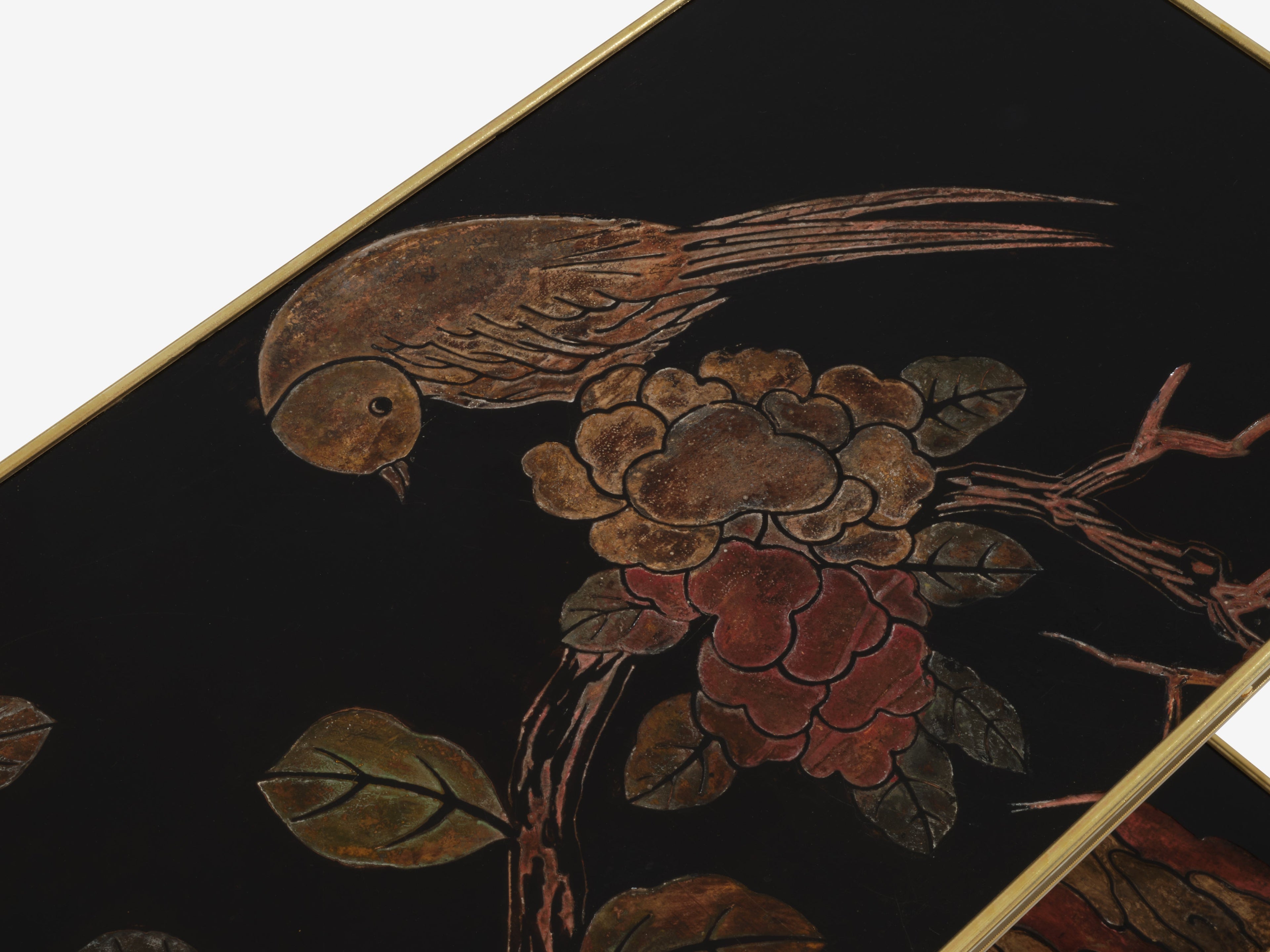 Maison Baguès foliage gilt bronze chinoiserie lacquered end tables 1940s