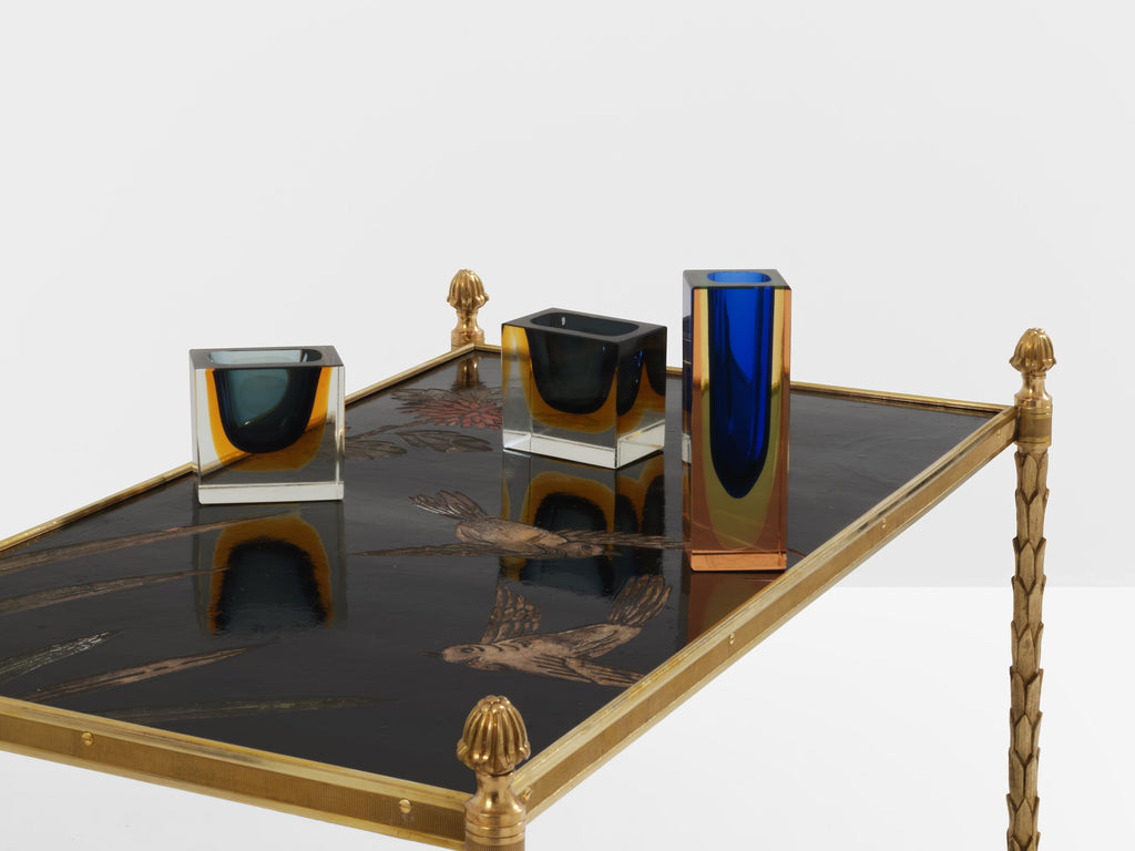 Maison Baguès foliage gilt bronze chinoiserie lacquered end tables 1940s