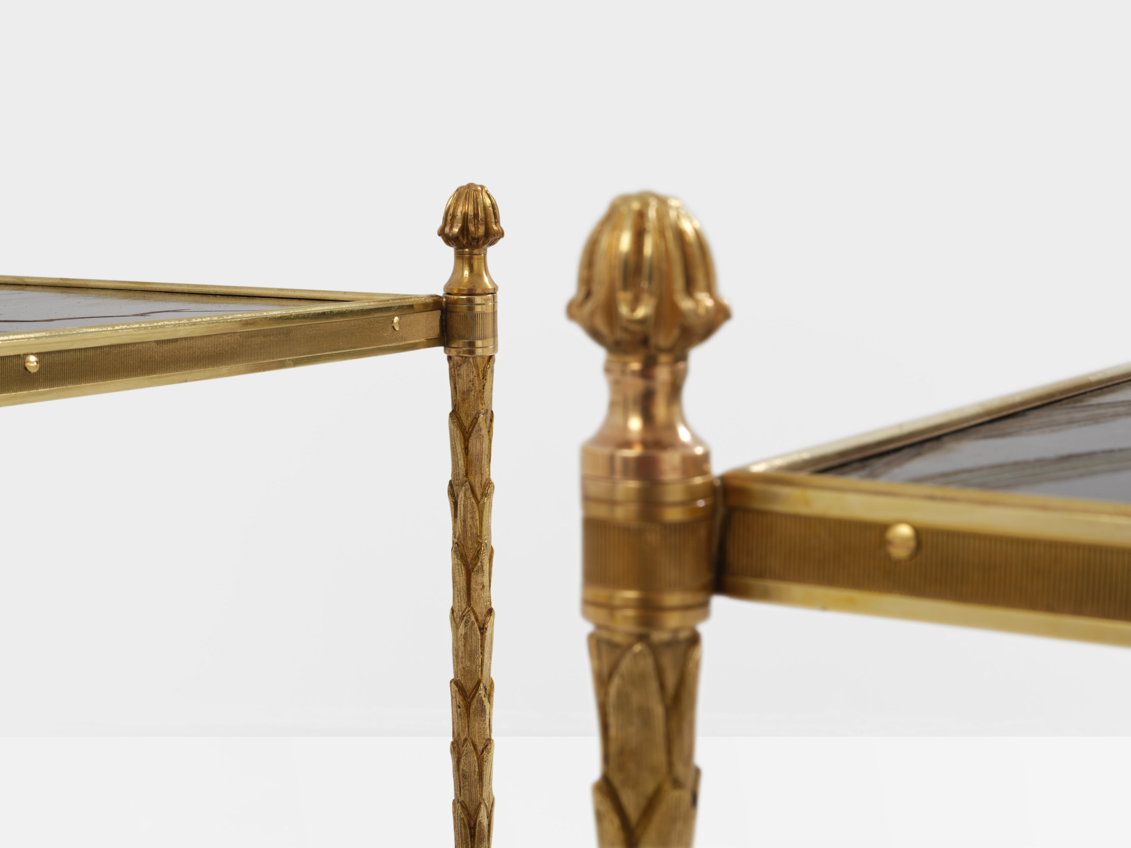 Maison Baguès foliage gilt bronze chinoiserie lacquered end tables 1940s