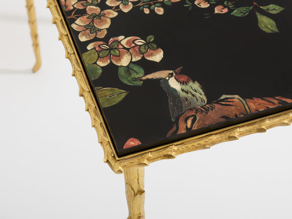 Maison Baguès foliage gilt bronze chinoiserie lacquered side tables 1950s