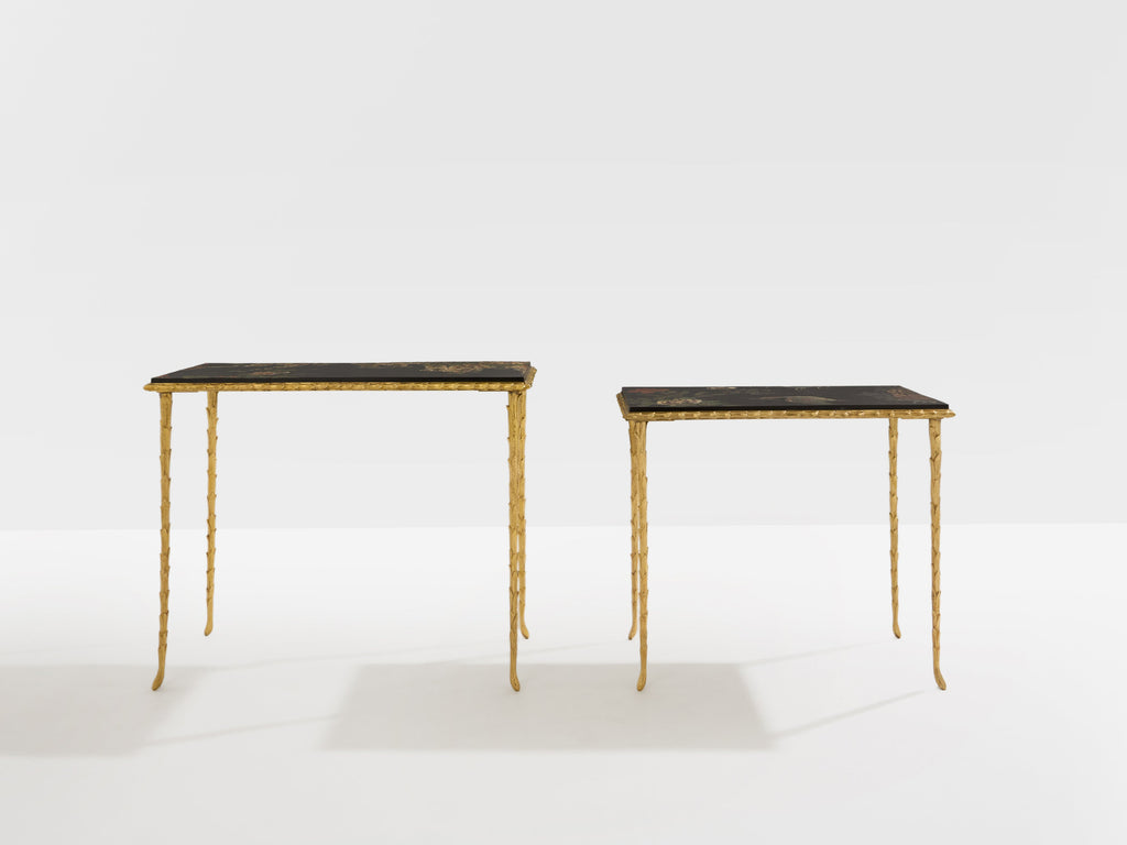 Maison Baguès foliage gilt bronze chinoiserie lacquered side tables 1950s