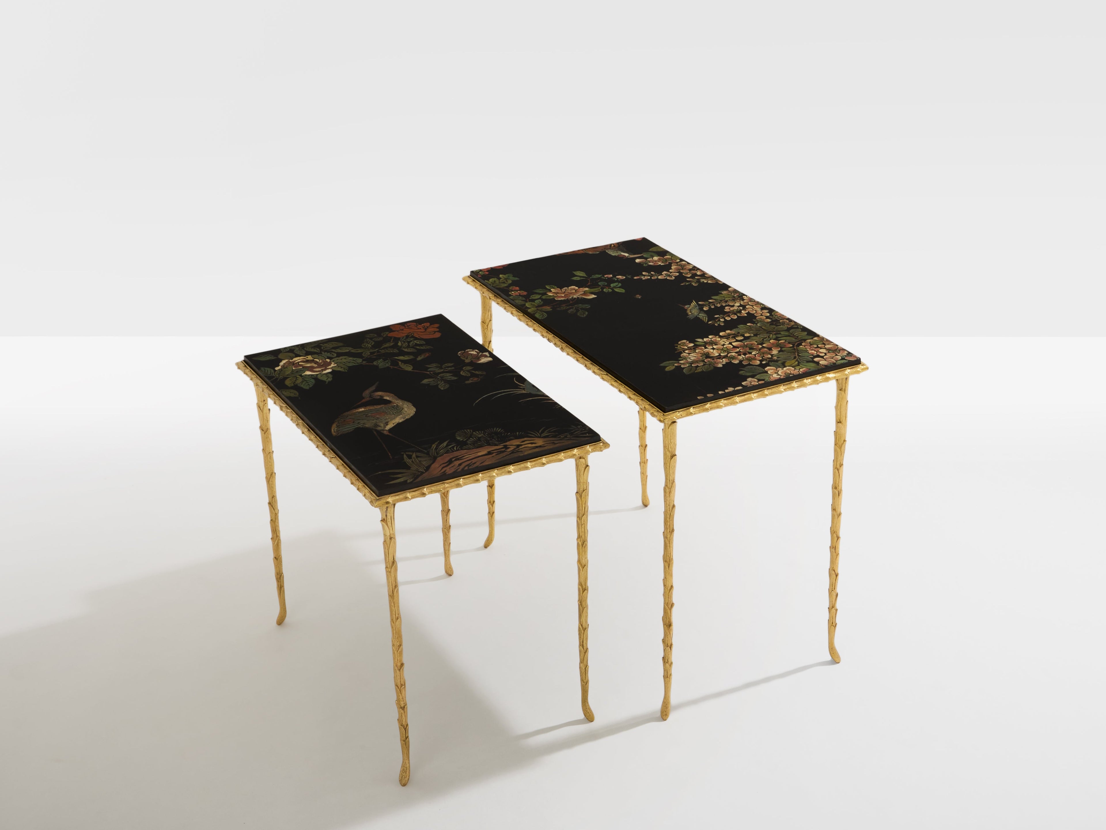 Maison Baguès foliage gilt bronze chinoiserie lacquered side tables 1950s