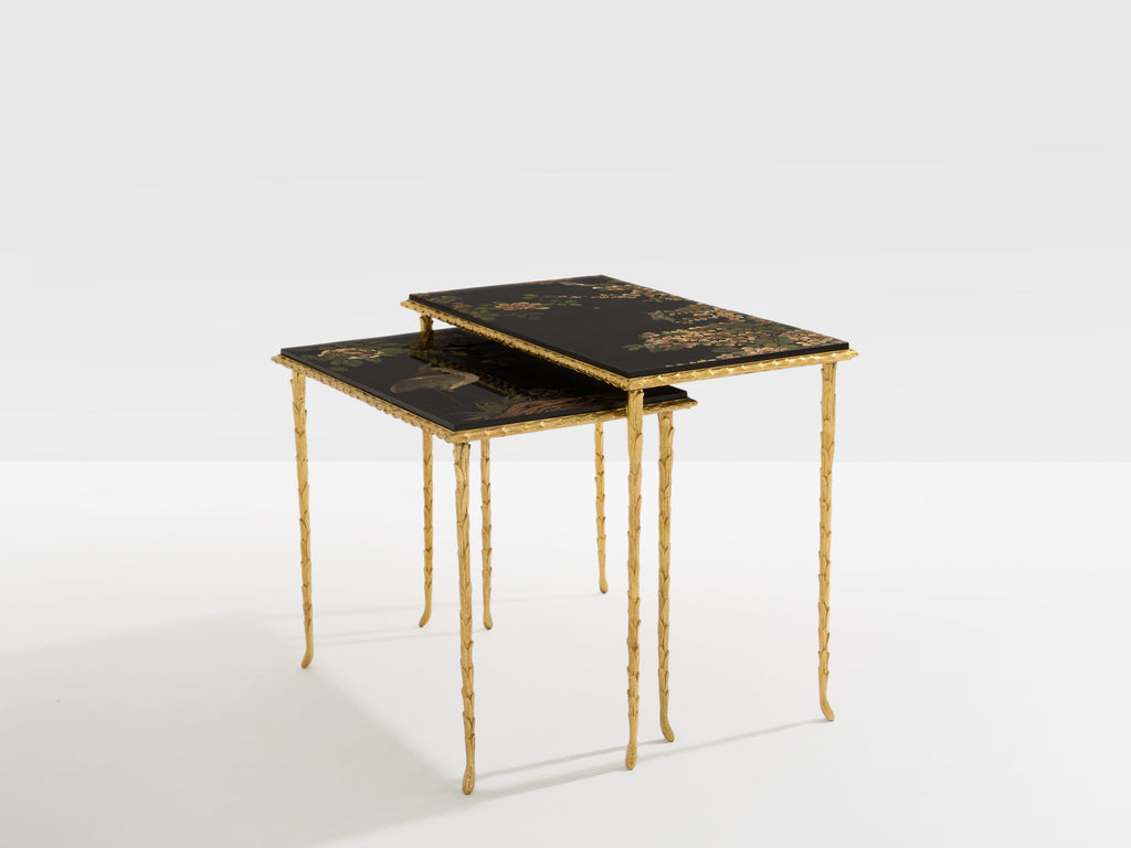 Maison Baguès foliage gilt bronze chinoiserie lacquered side tables 1950s