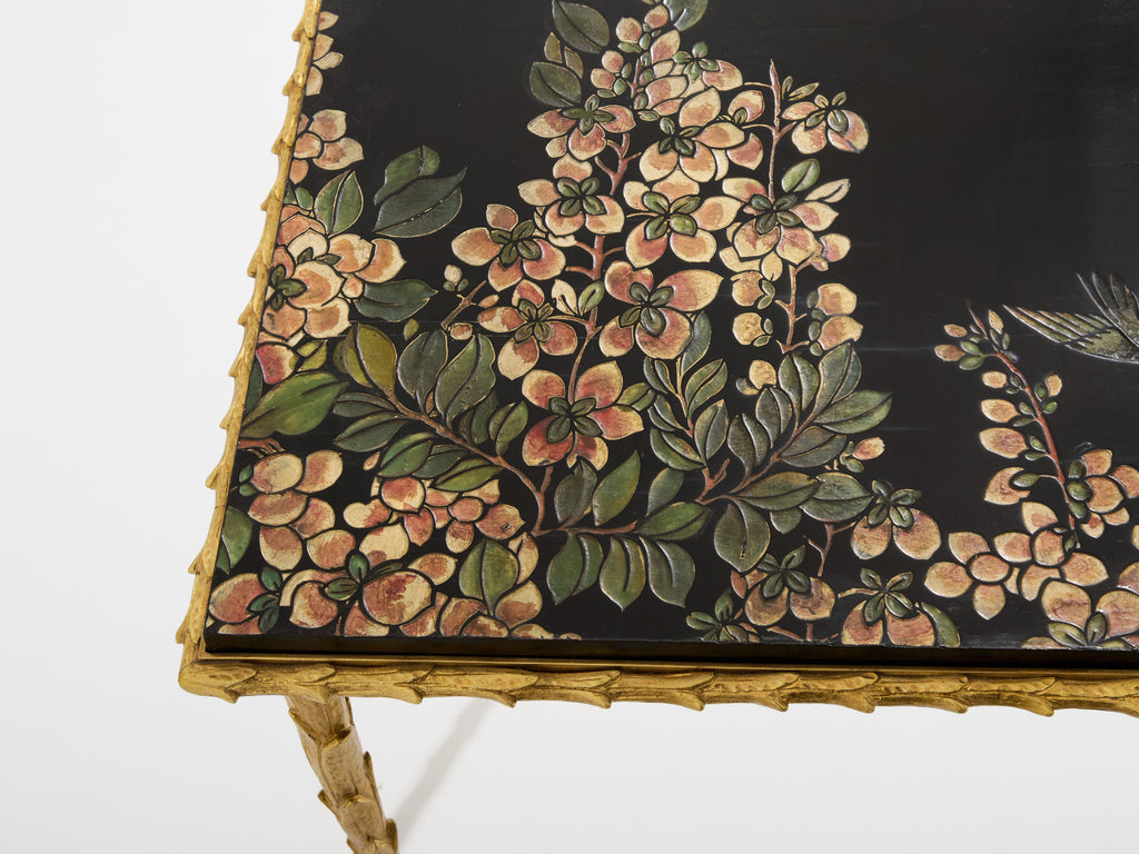 Maison Baguès foliage gilt bronze chinoiserie lacquered side tables 1950s