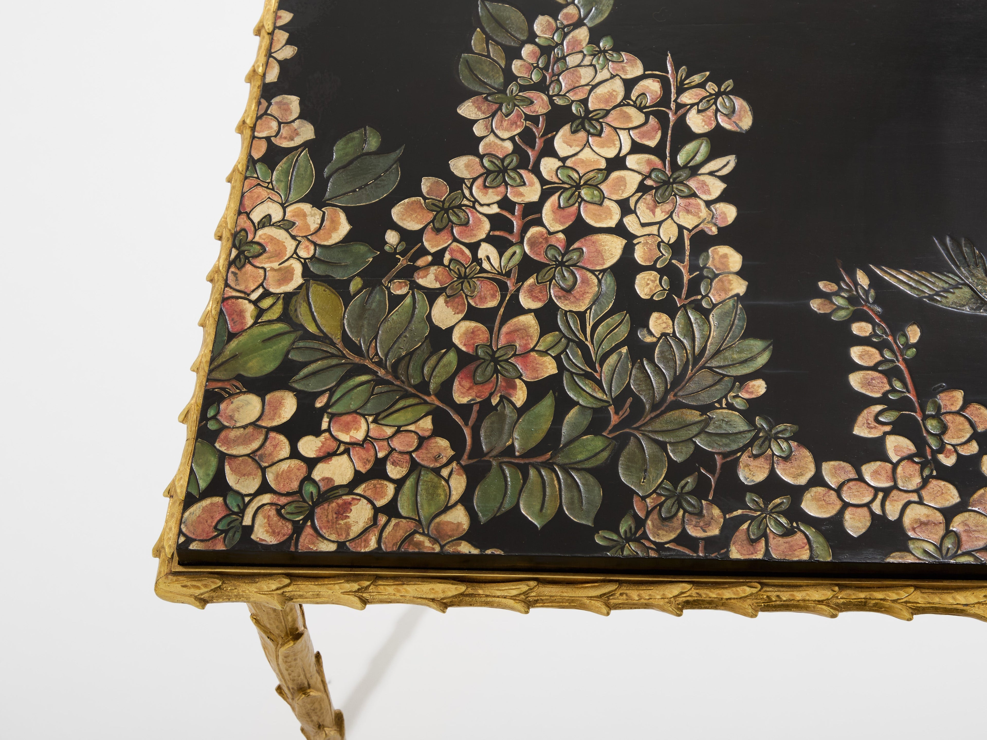 Maison Baguès foliage gilt bronze chinoiserie lacquered side tables 1950s