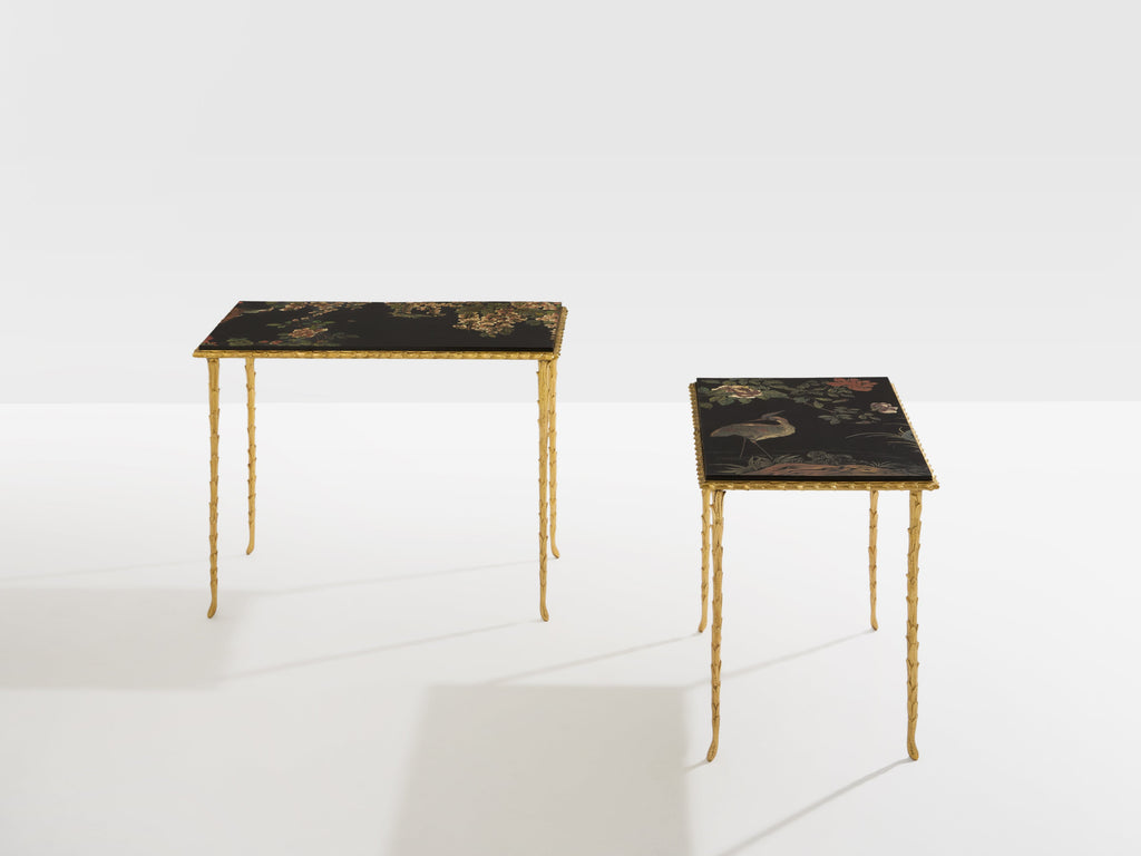 Maison Baguès foliage gilt bronze chinoiserie lacquered side tables 1950s