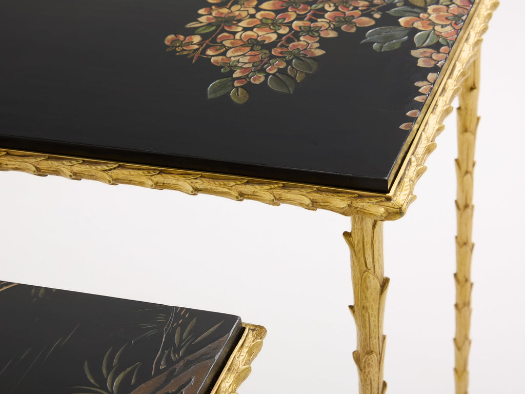 Maison Baguès foliage gilt bronze chinoiserie lacquered side tables 1950s