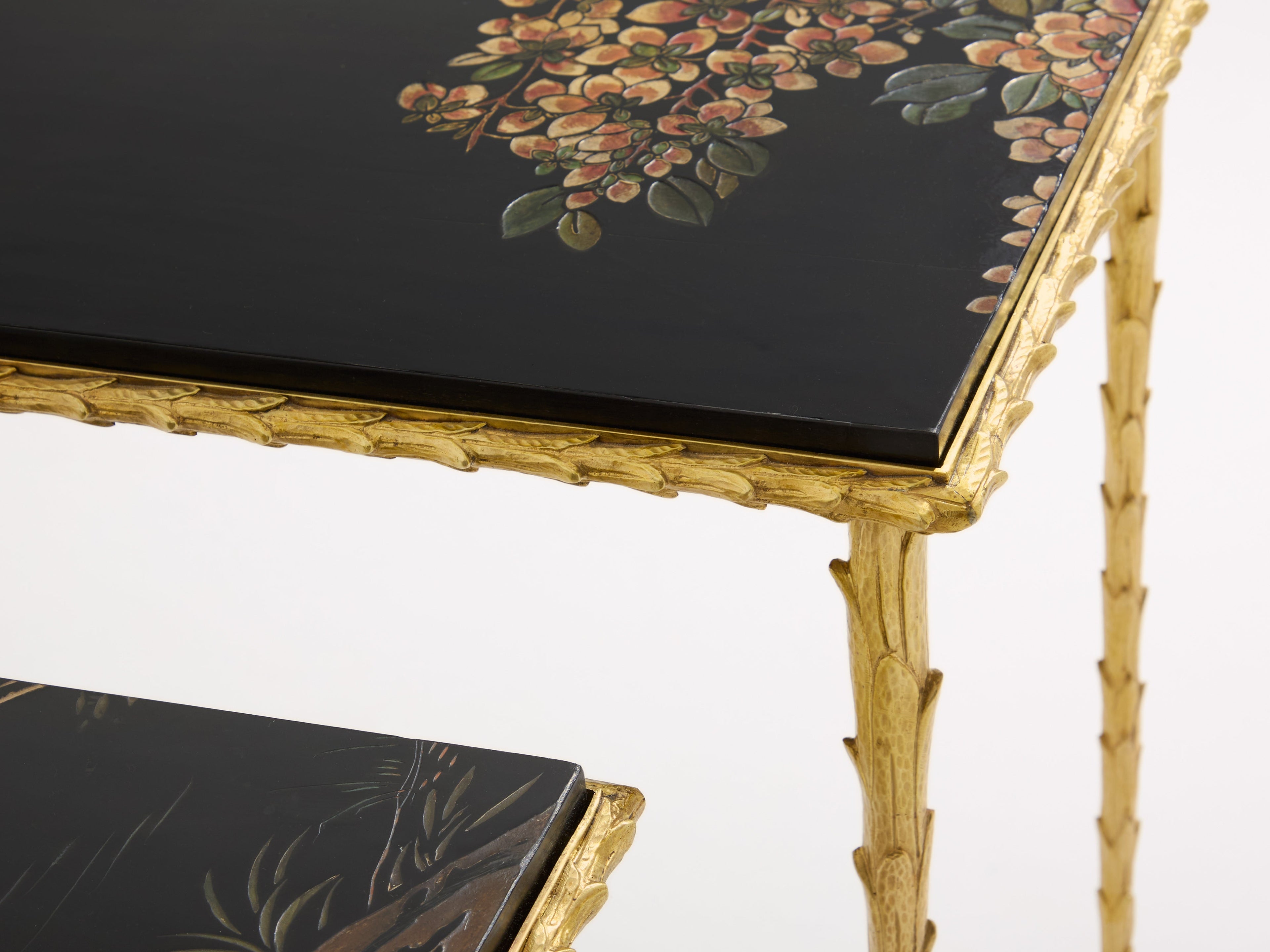 Maison Baguès foliage gilt bronze chinoiserie lacquered side tables 1950s