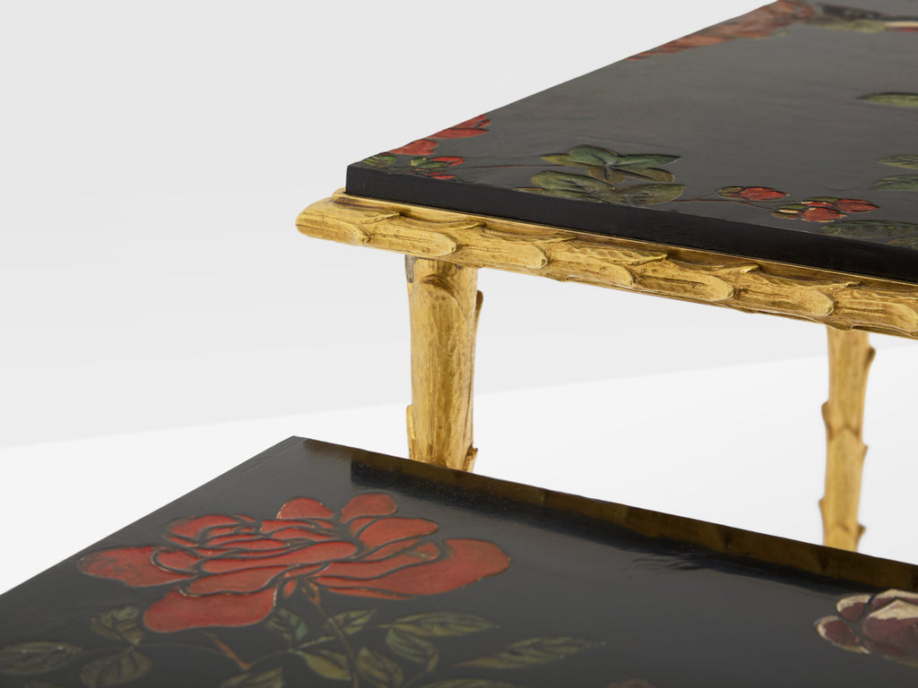 Maison Baguès foliage gilt bronze chinoiserie lacquered side tables 1950s