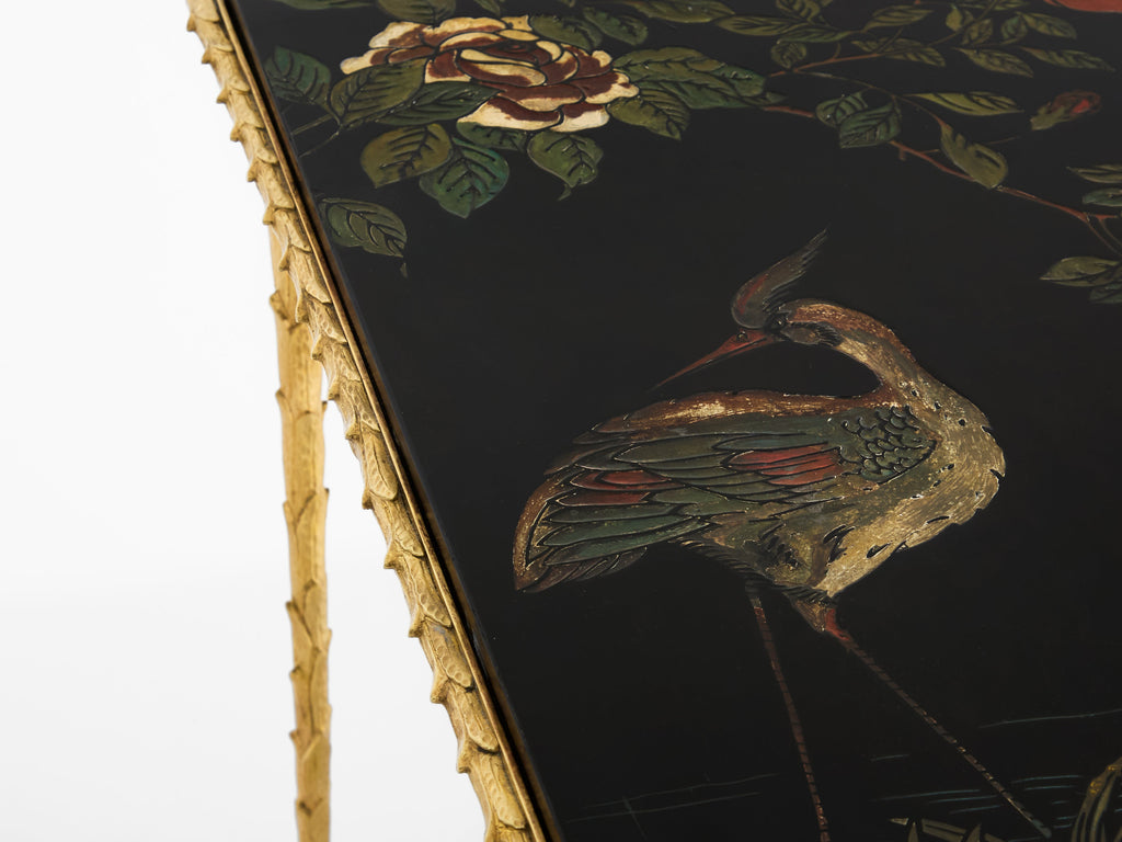 Maison Baguès foliage gilt bronze chinoiserie lacquered side tables 1950s