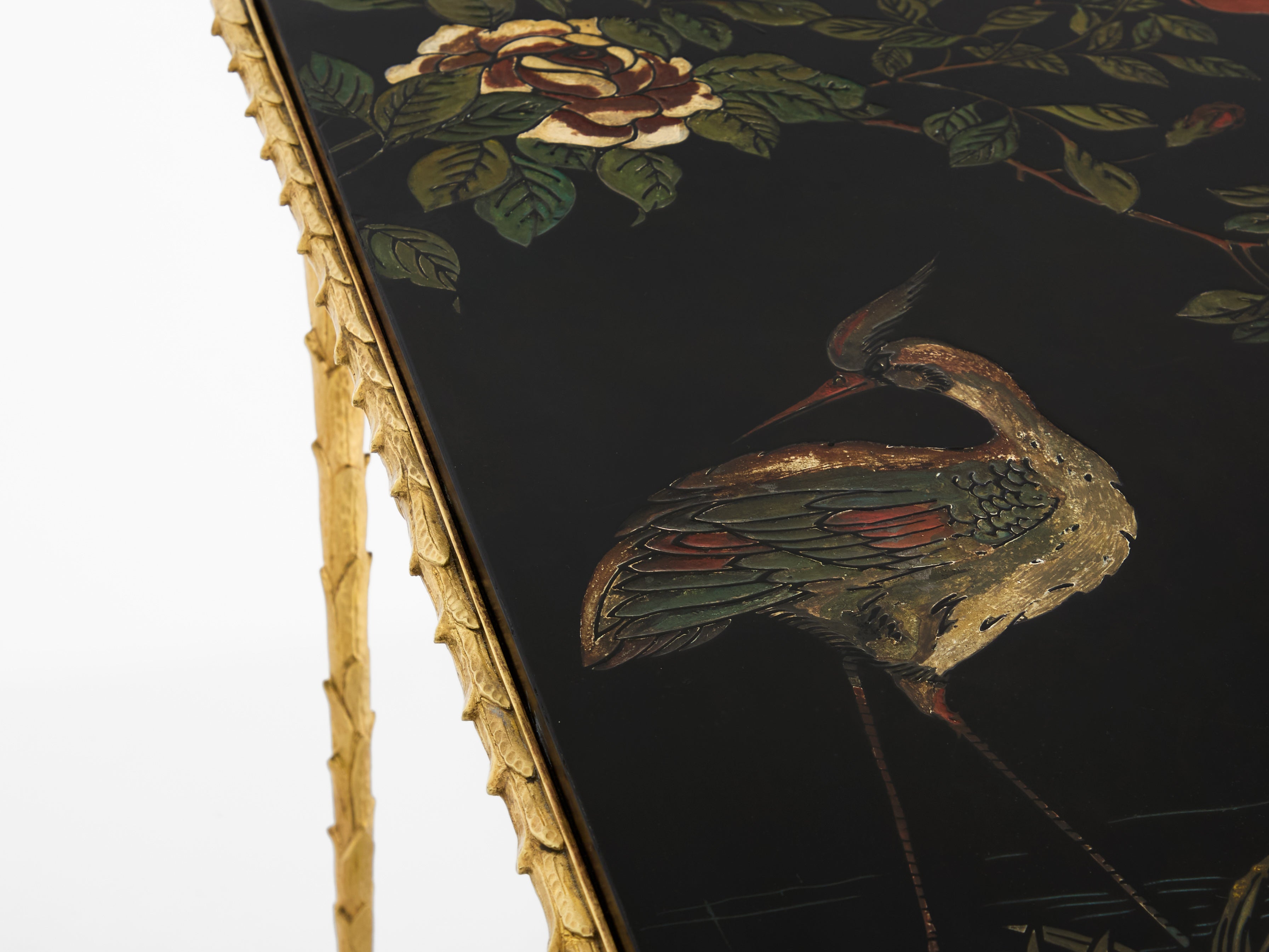 Maison Baguès foliage gilt bronze chinoiserie lacquered side tables 1950s