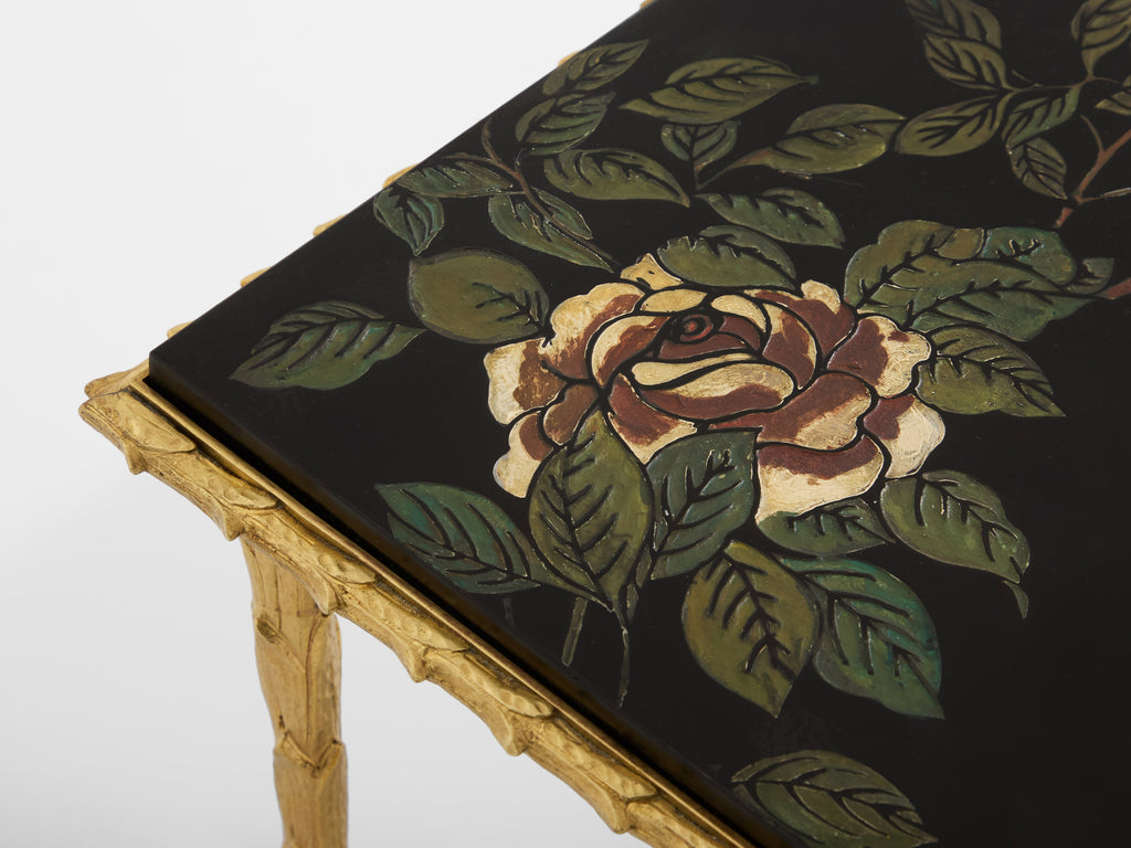 Maison Baguès foliage gilt bronze chinoiserie lacquered side tables 1950s