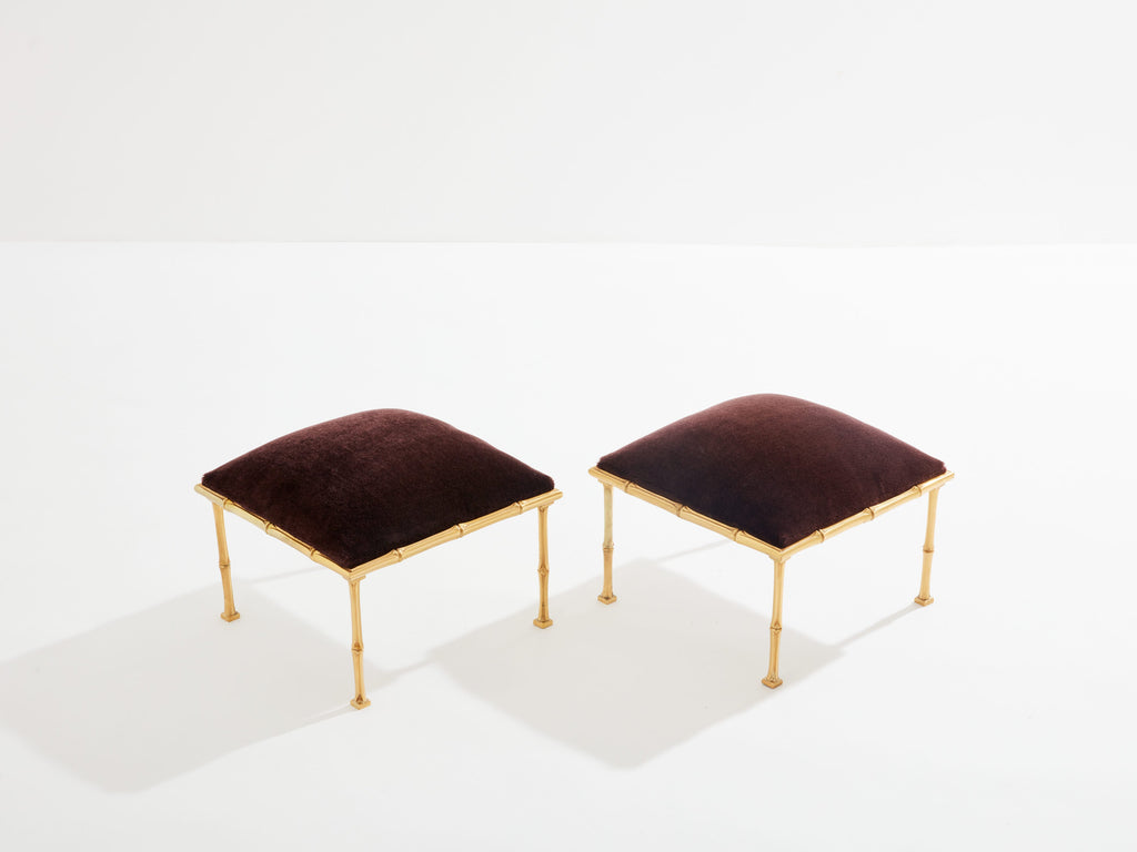 Maison Baguès pair of bamboo brass mohair velvet footstools 1960s