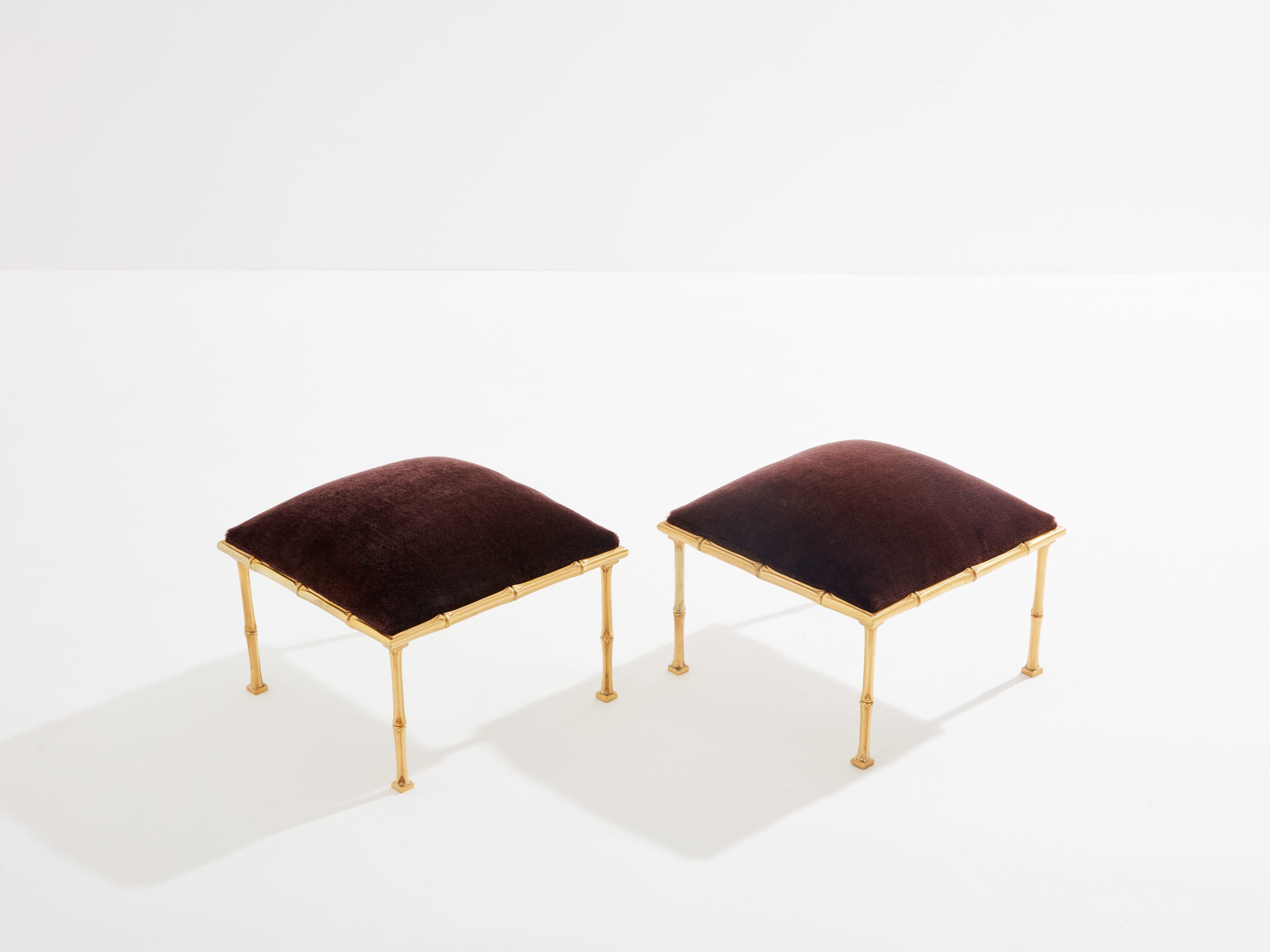 Maison Baguès pair of bamboo brass mohair velvet footstools 1960s