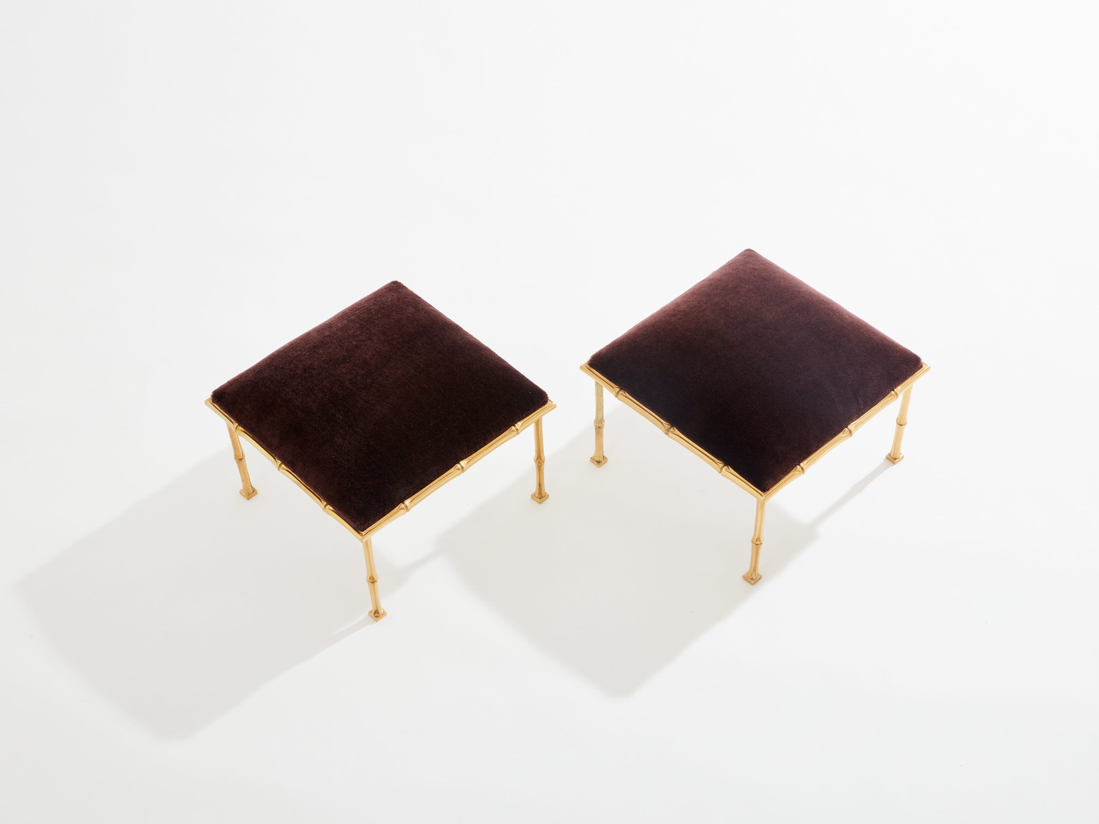 Maison Baguès pair of bamboo brass mohair velvet footstools 1960s