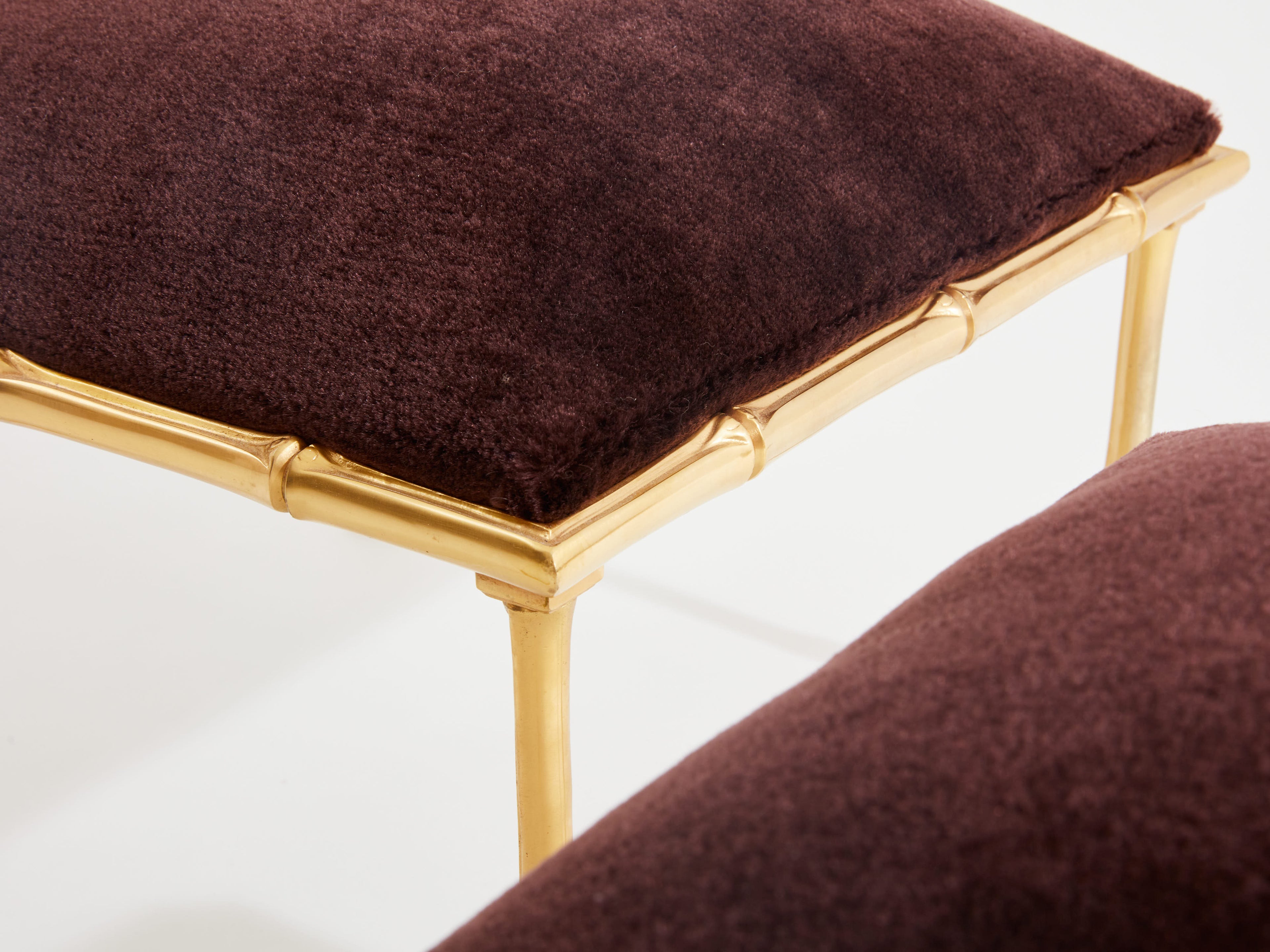 Maison Baguès pair of bamboo brass mohair velvet footstools 1960s