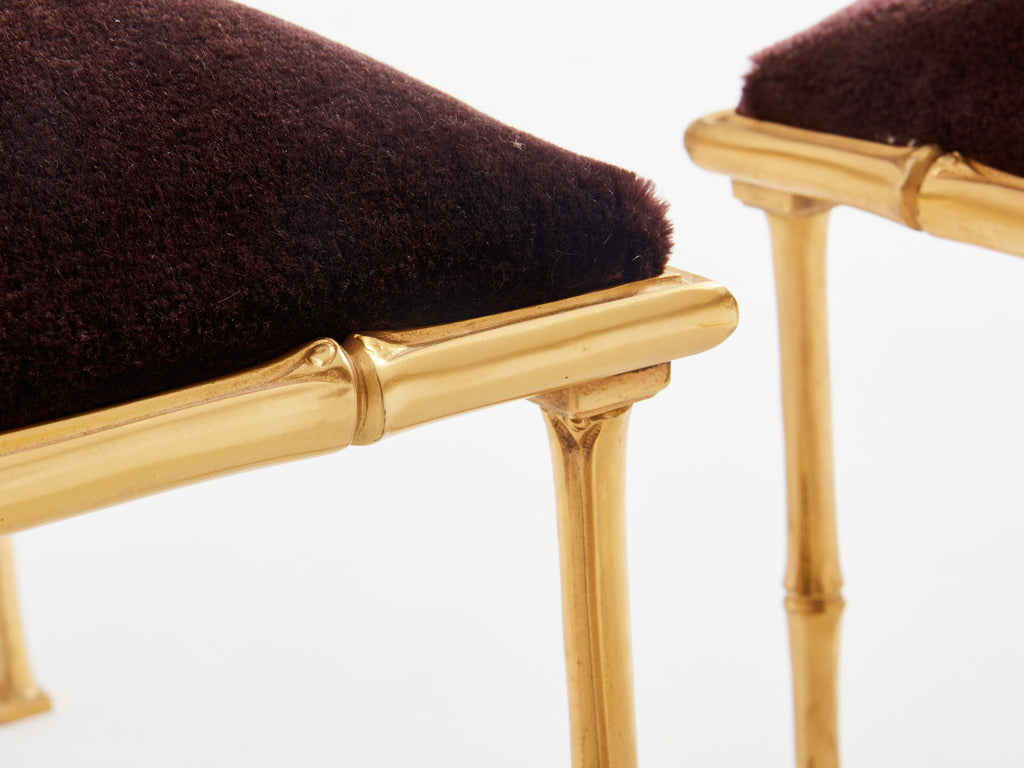 Maison Baguès pair of bamboo brass mohair velvet footstools 1960s