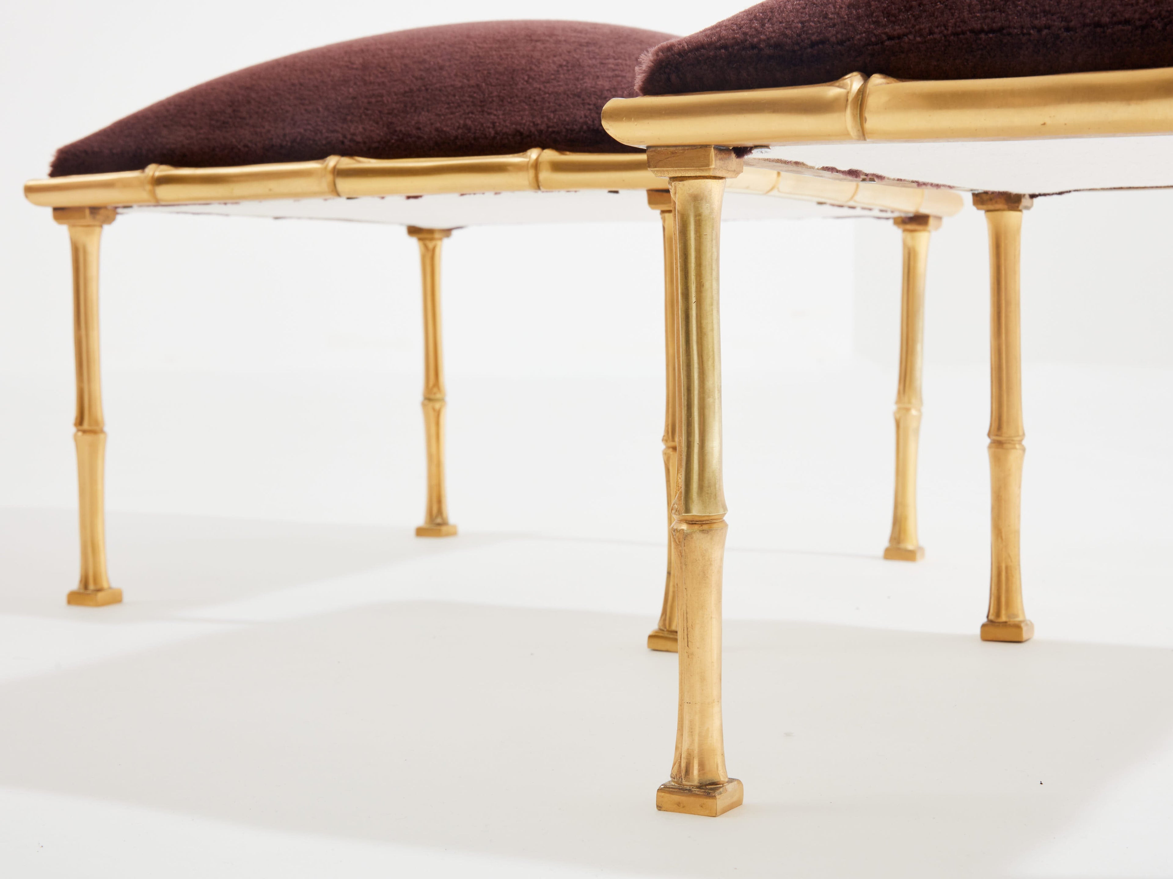 Maison Baguès pair of bamboo brass mohair velvet footstools 1960s